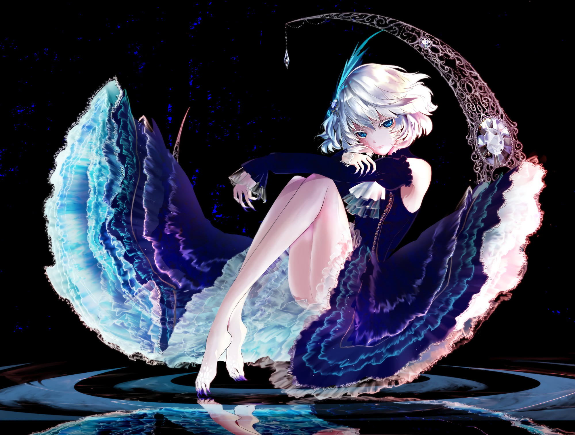 Anime girl with gray hair and blue eyes in a dark dress HD Wallpaper