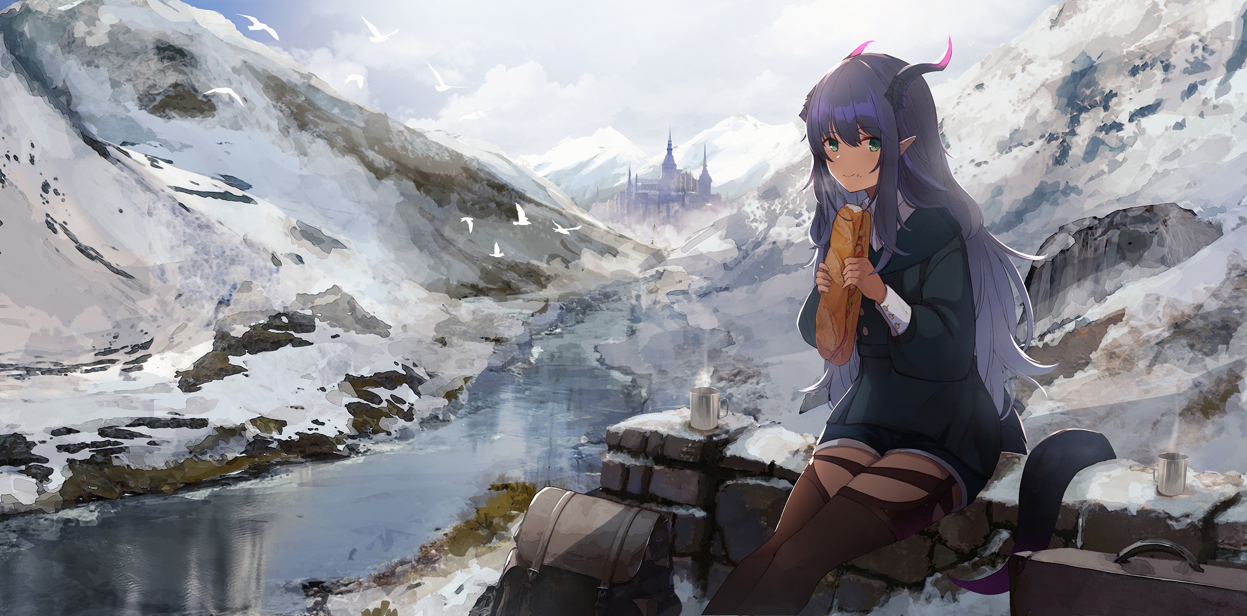 Anime girl with horns eating bread in snowy mountains HD Wallpaper