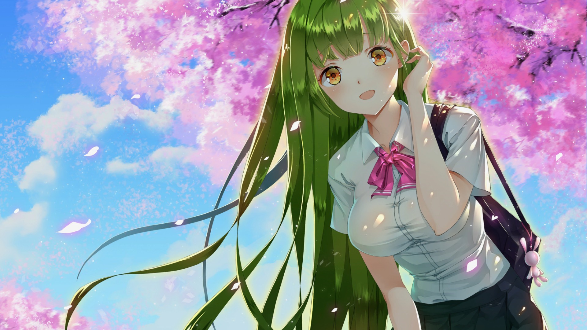 Anime girl with green hair under cherry blossoms HD Wallpaper