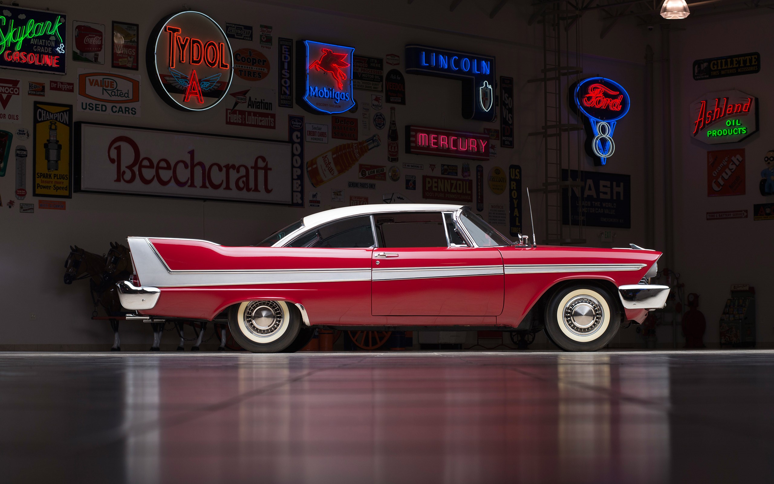Red and white Plymouth Fury car with vintage signs HD Wallpaper
