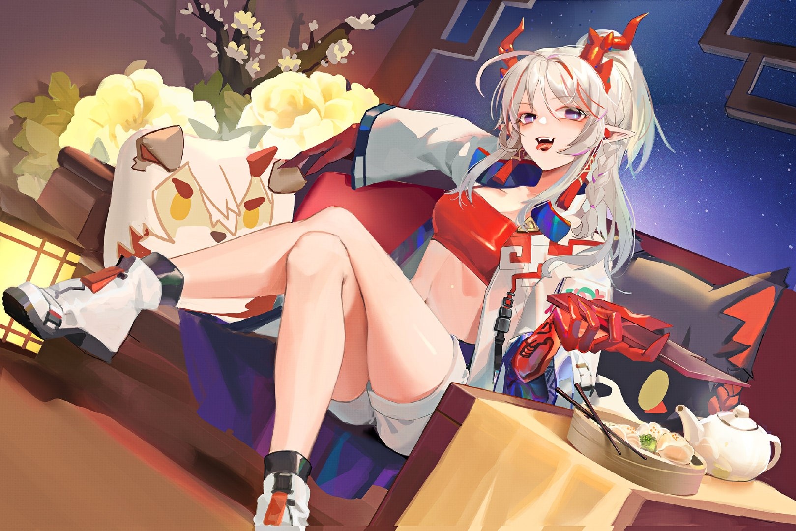Nian from Arknights sitting with food HD Wallpaper