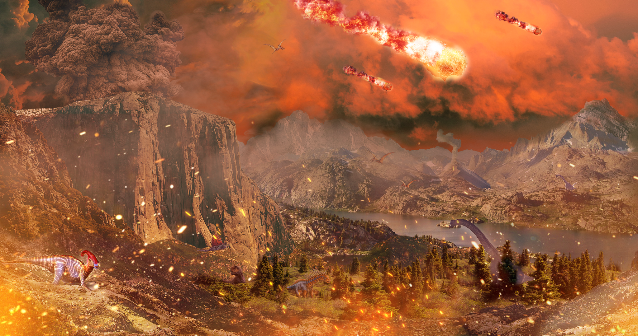 Dinosaurs during a volcanic eruption and meteor shower HD Wallpaper