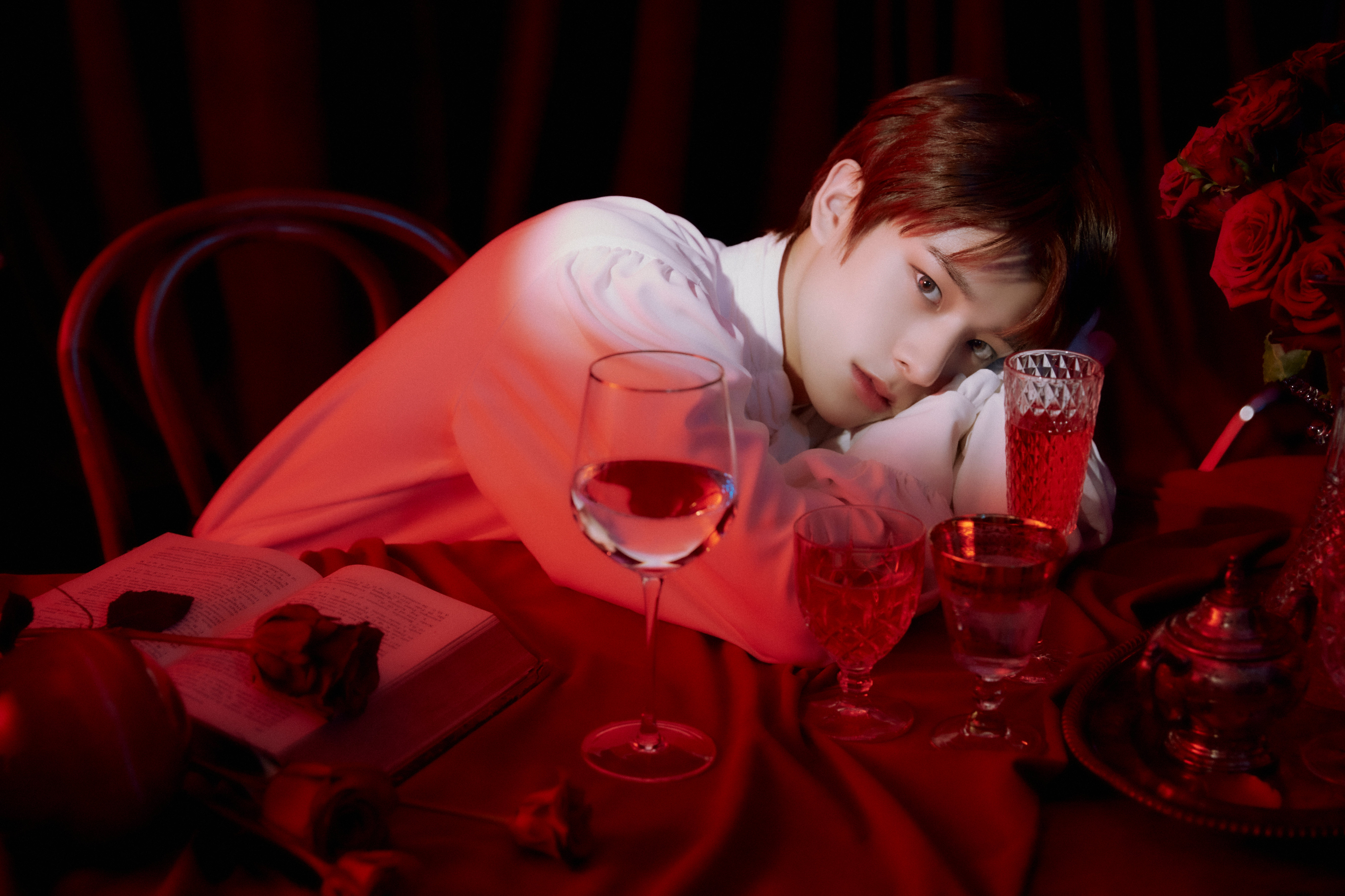 Jake ENHYPEN with drinks and a book HD Wallpaper