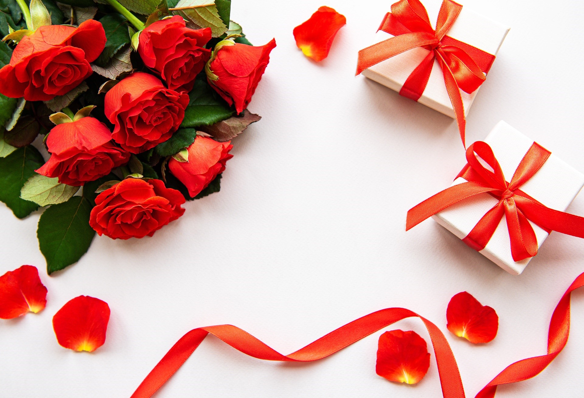 Red roses with gifts and ribbon HD Wallpaper