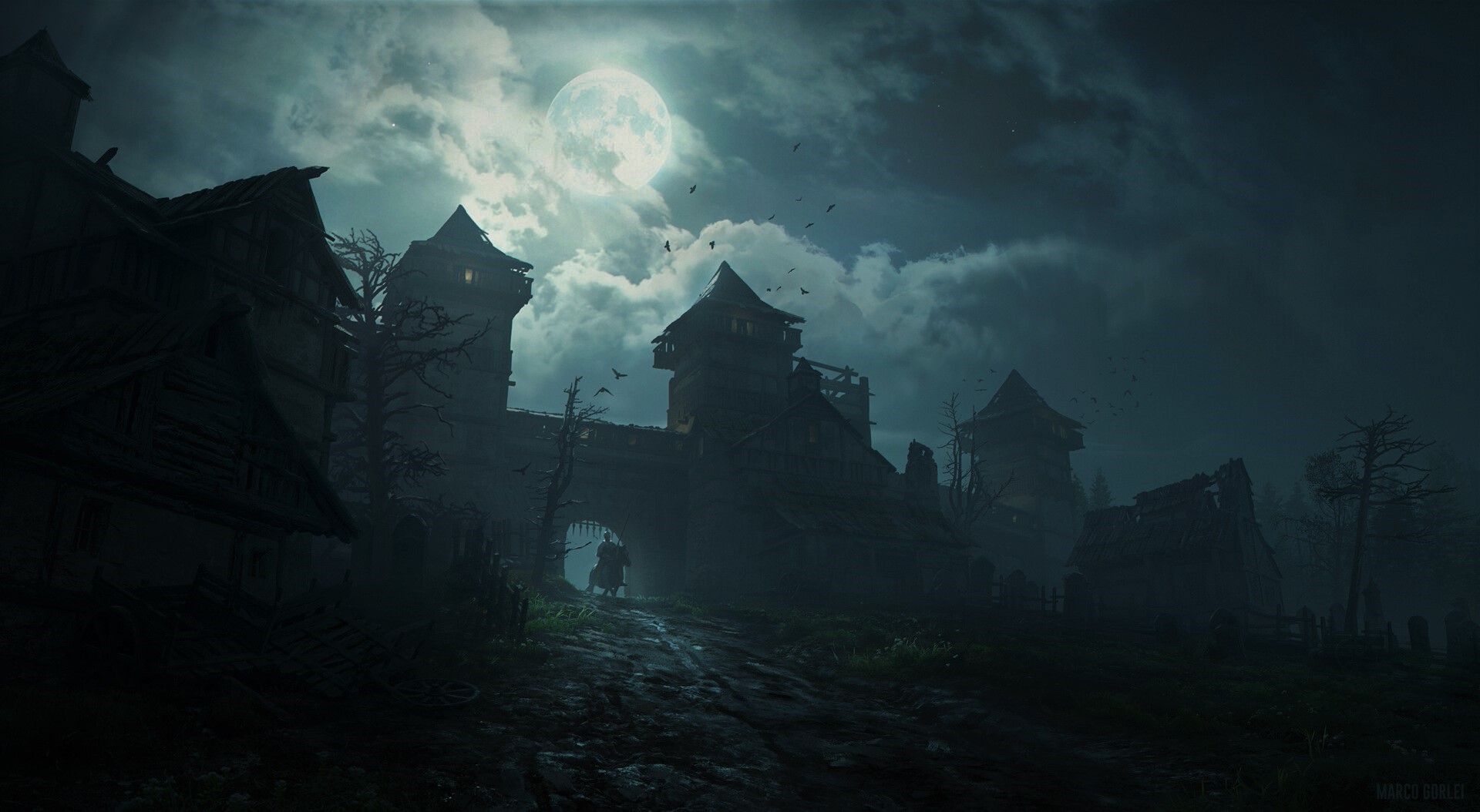 Knight on horseback entering a medieval village at night HD Wallpaper