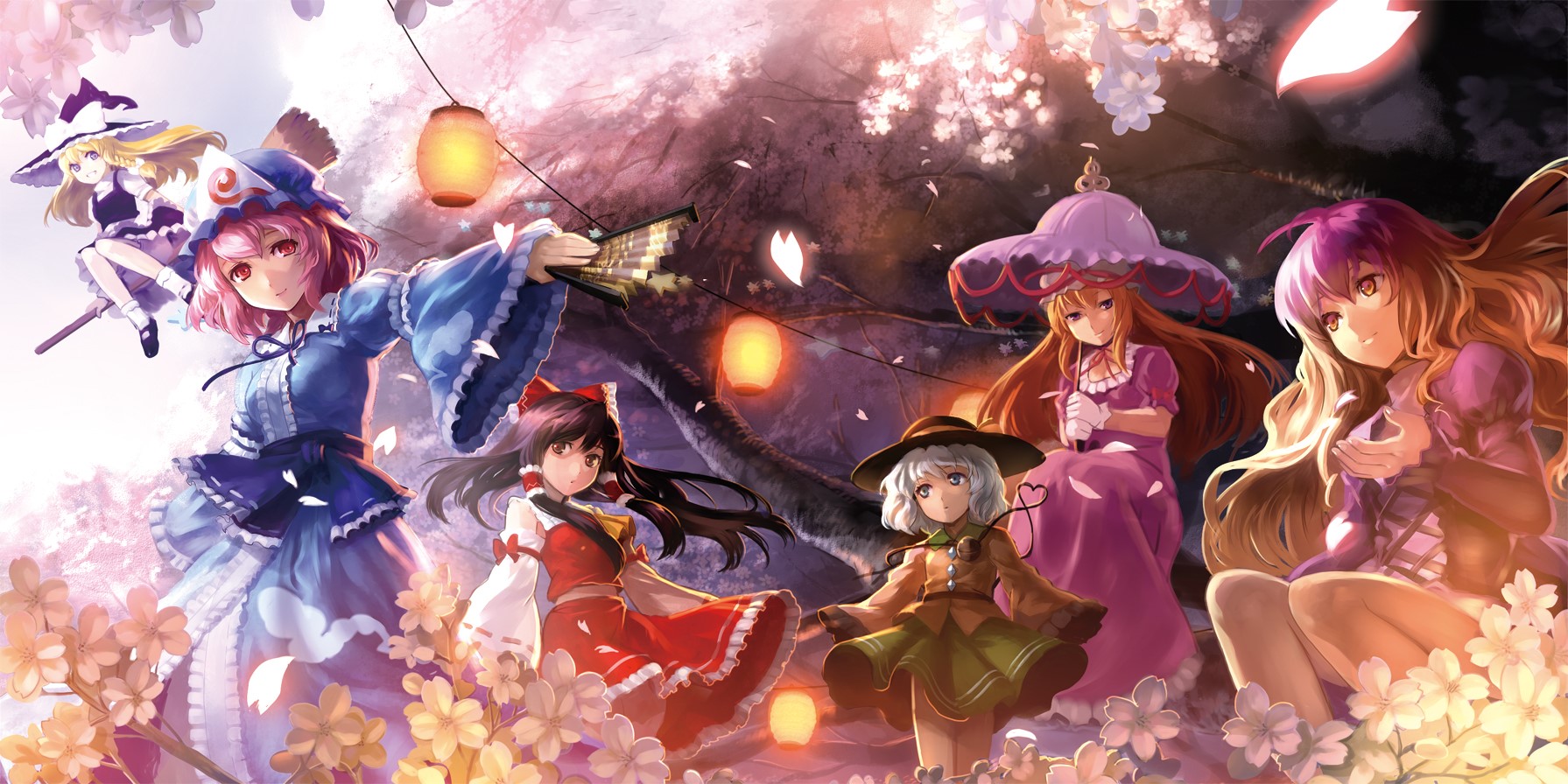 Anime girls from Touhou in a cherry blossom forest HD Wallpaper