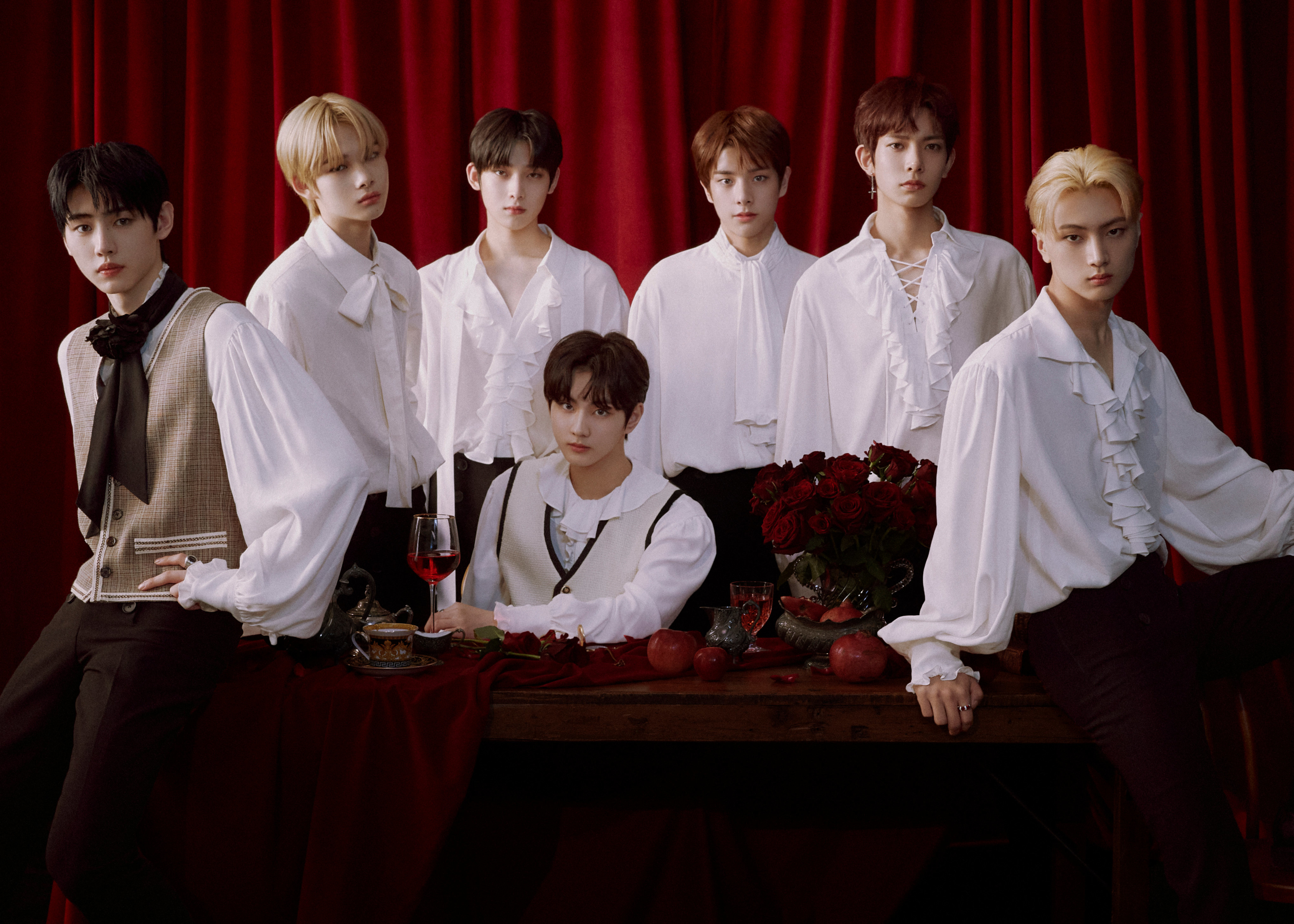 ENHYPEN members posing in white ruffled shirts HD Wallpaper