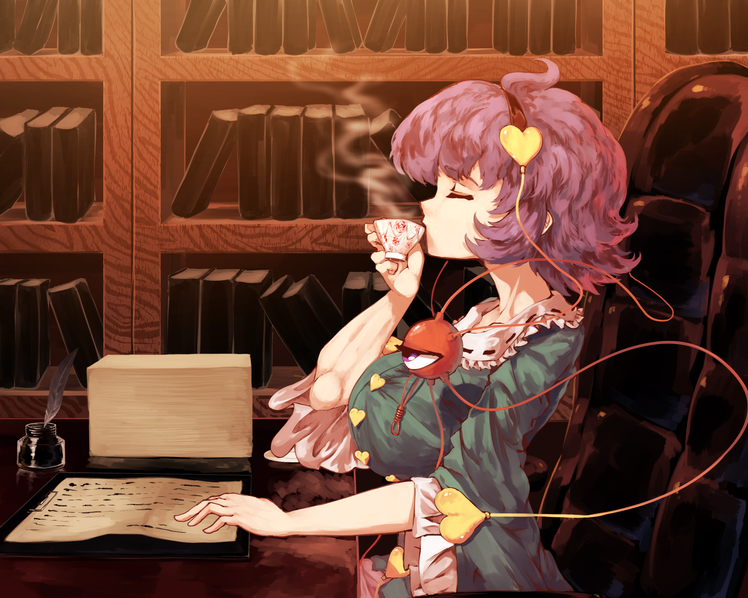 Satori Komeiji drinking tea in a library HD Wallpaper