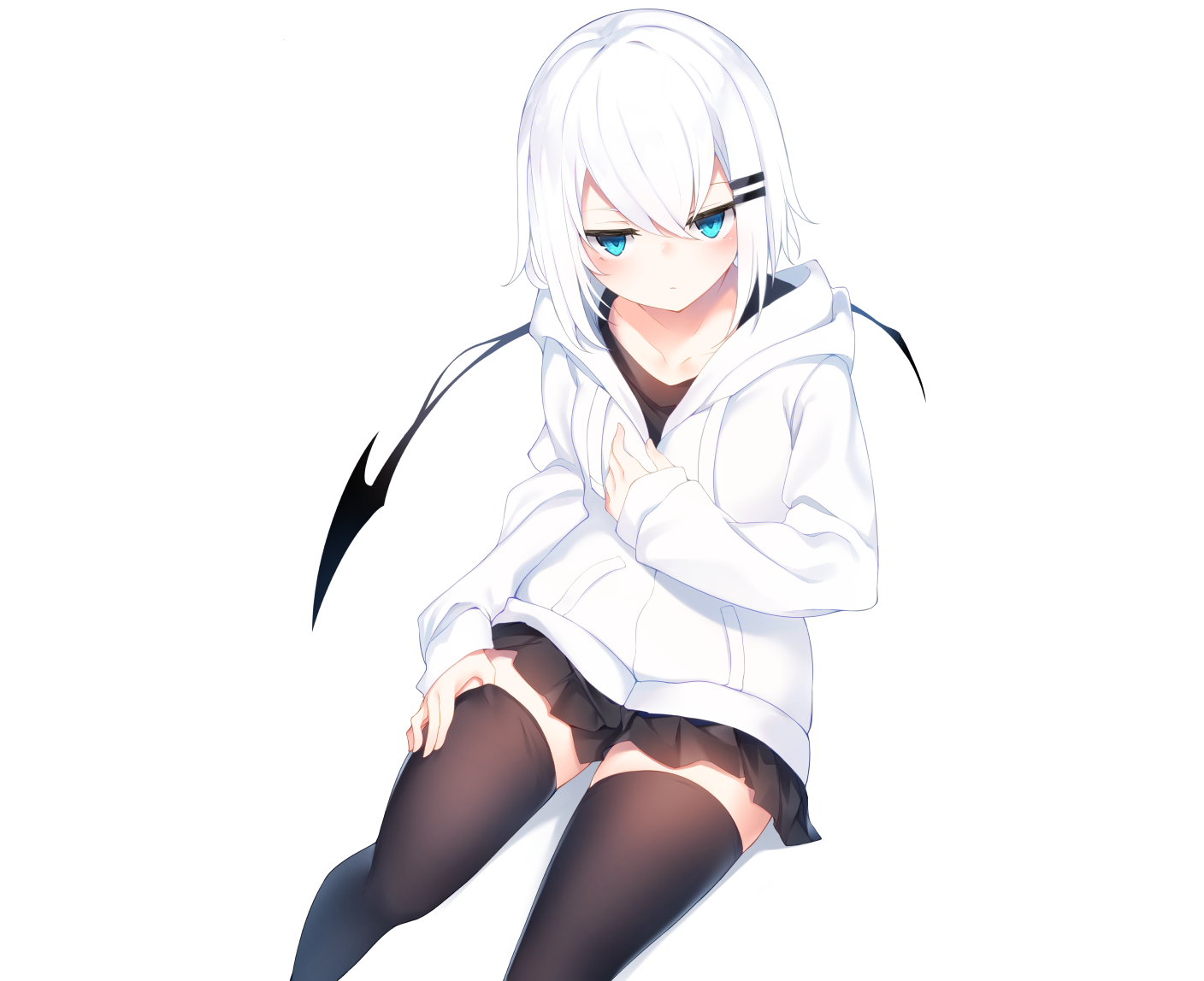 Anime girl with white hair and aqua eyes wearing hoodie and skirt HD Wallpaper