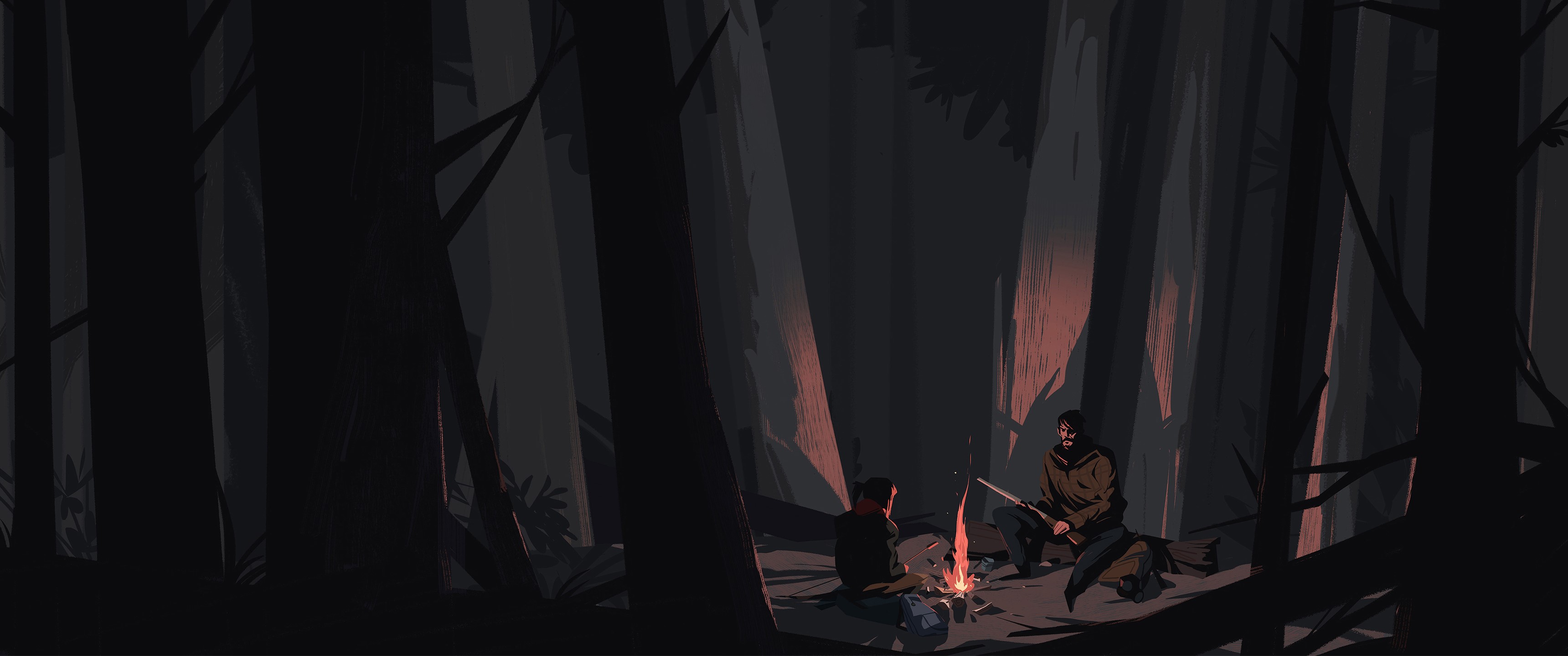Joel and Ellie from The Last of Us by a campfire HD Wallpaper