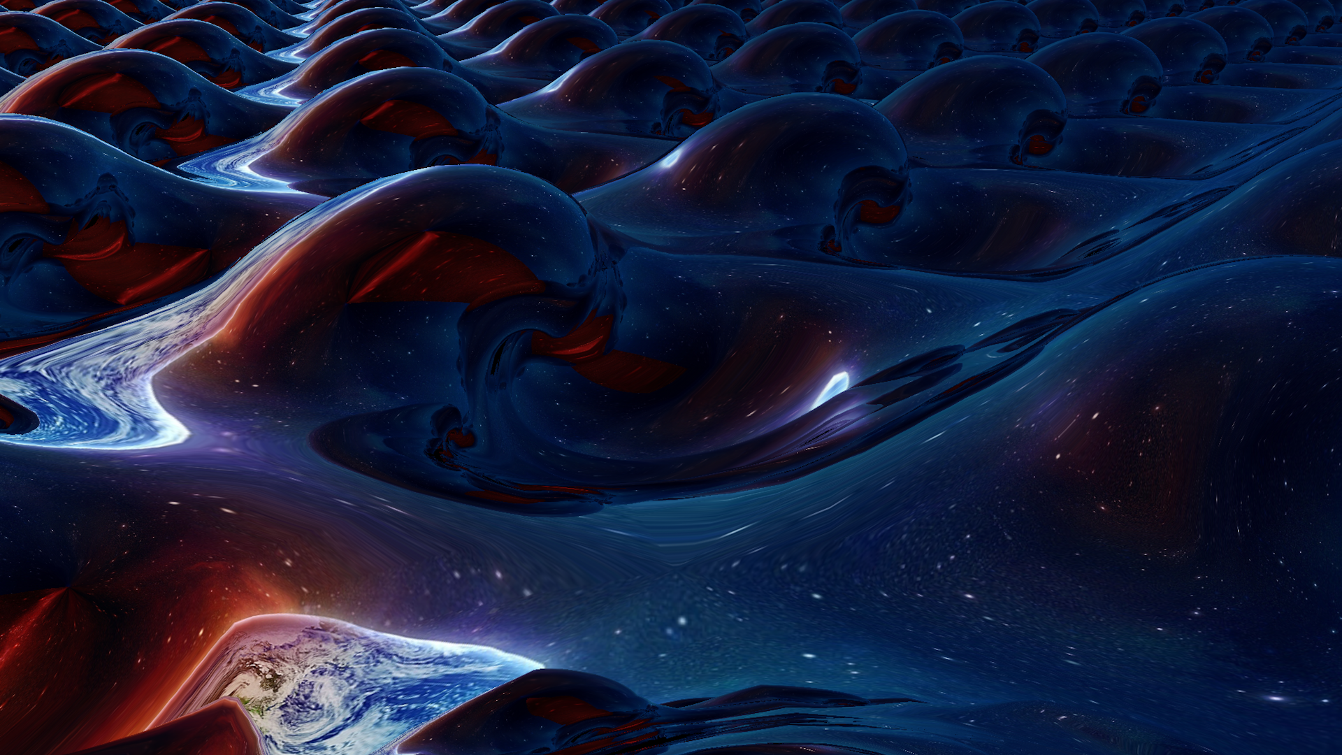 Abstract Cosmic Waves with Red and Blue Hues HD Wallpaper