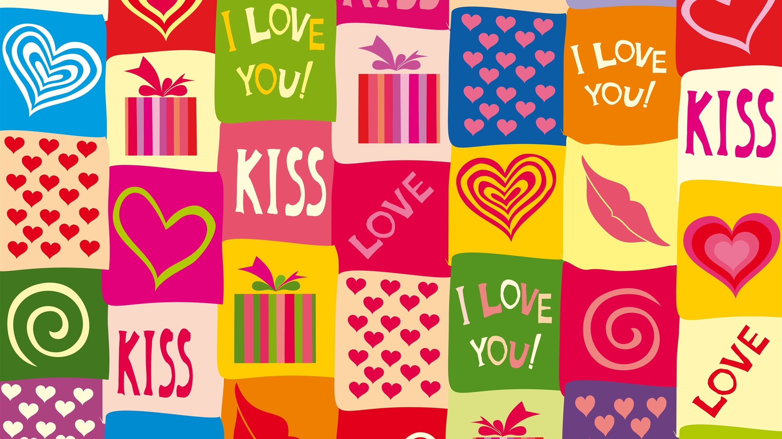 Colorful Valentine's Day Pattern with Hearts and Kisses HD Wallpaper