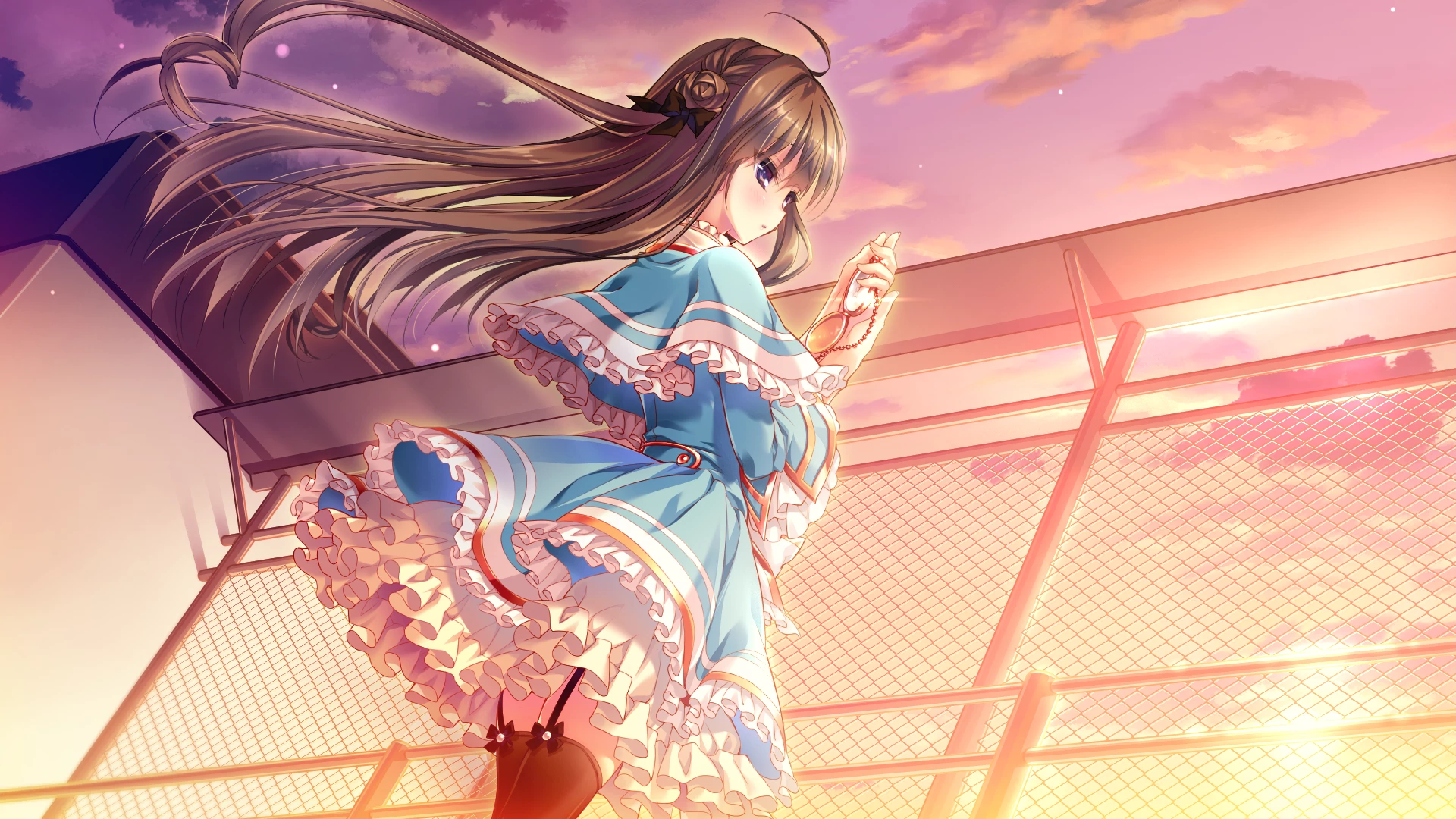 Anime girl in blue dress at sunset HD Wallpaper
