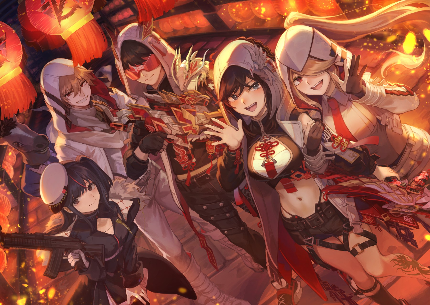 Anime characters with weapons and lanterns HD Wallpaper