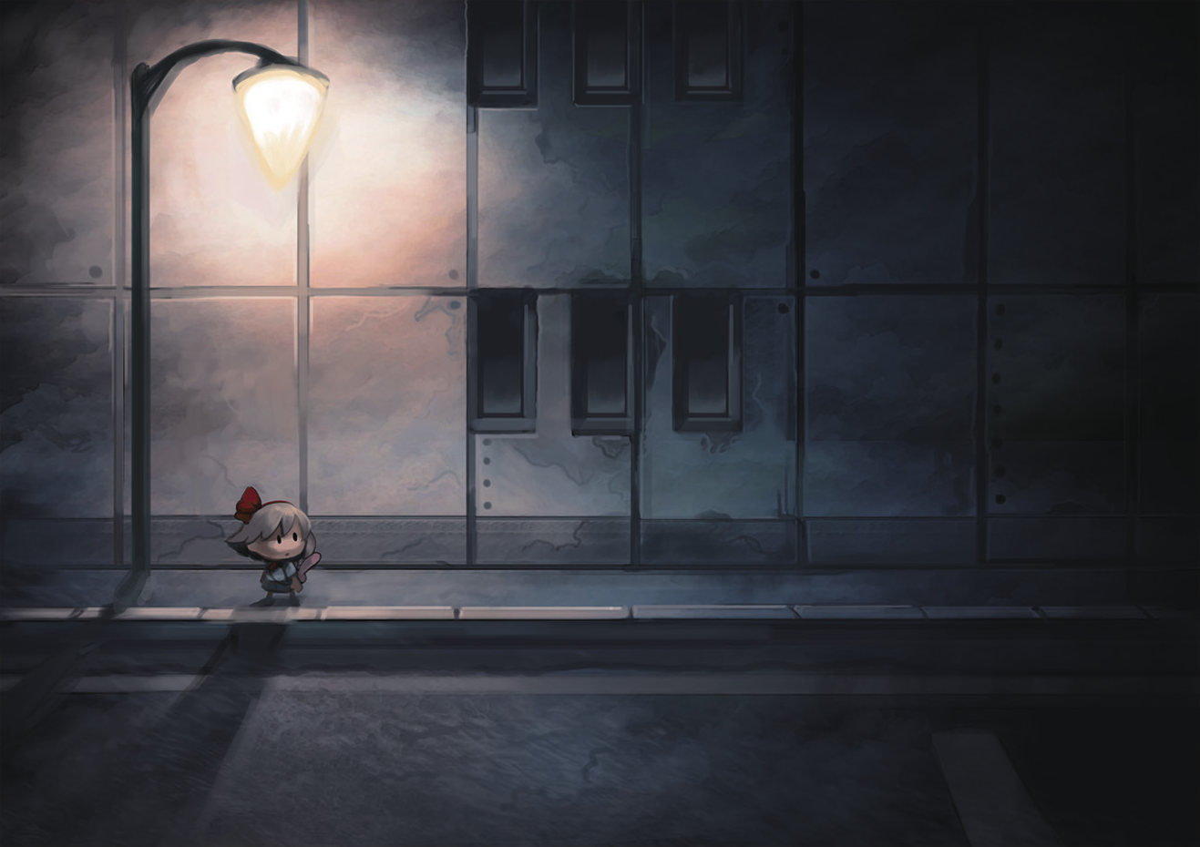 Yomawari: A girl walks under a lantern at night HD Wallpaper