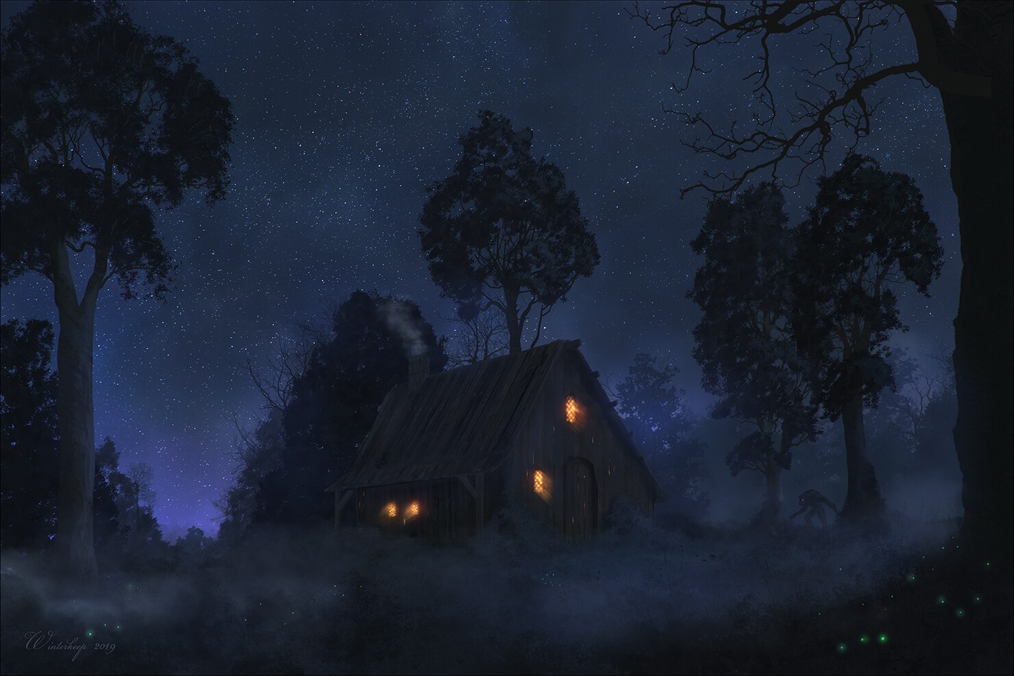 A cabin in a misty forest at night under the stars HD Wallpaper
