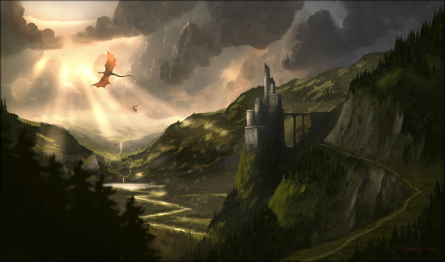 Dragons flying over a valley with a castle HD Wallpaper