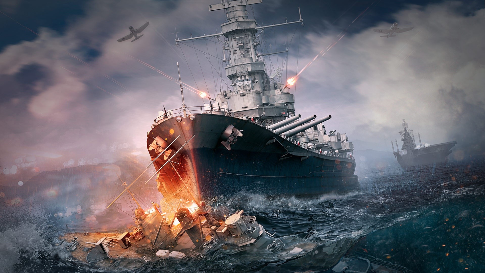 World of Warships battle with airplanes and sinking ship HD Wallpaper