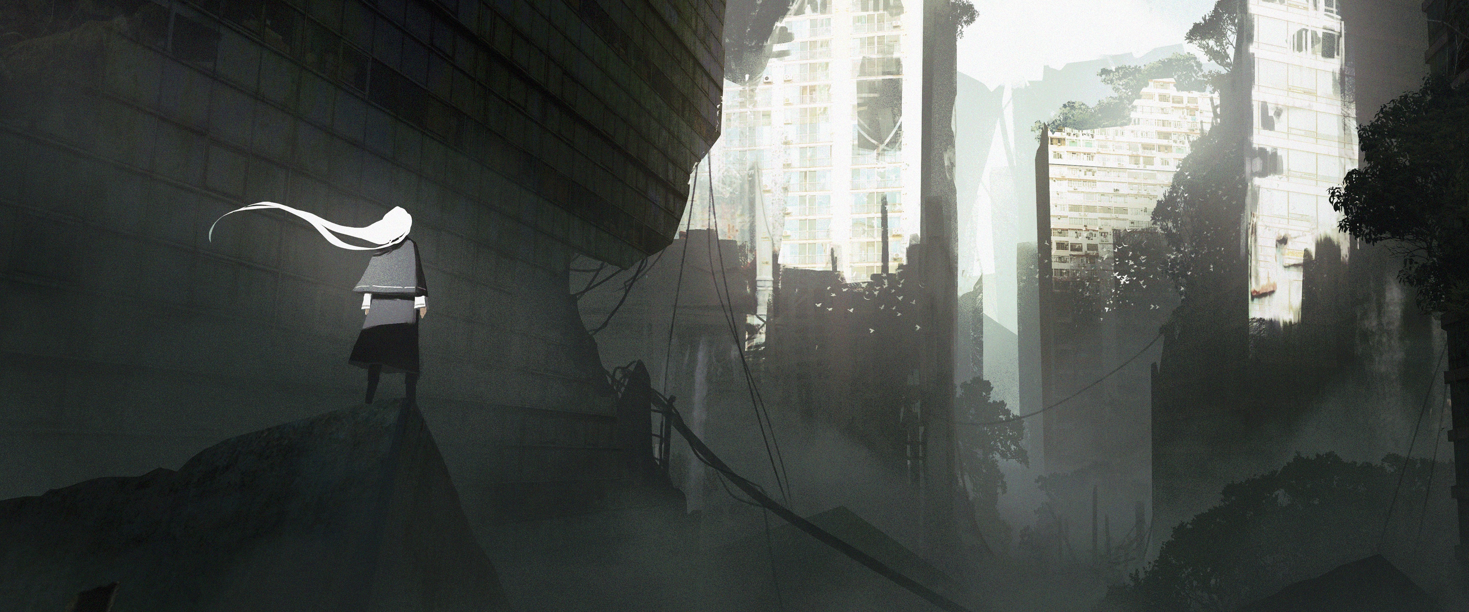 Anime girl in ruined city HD Wallpaper
