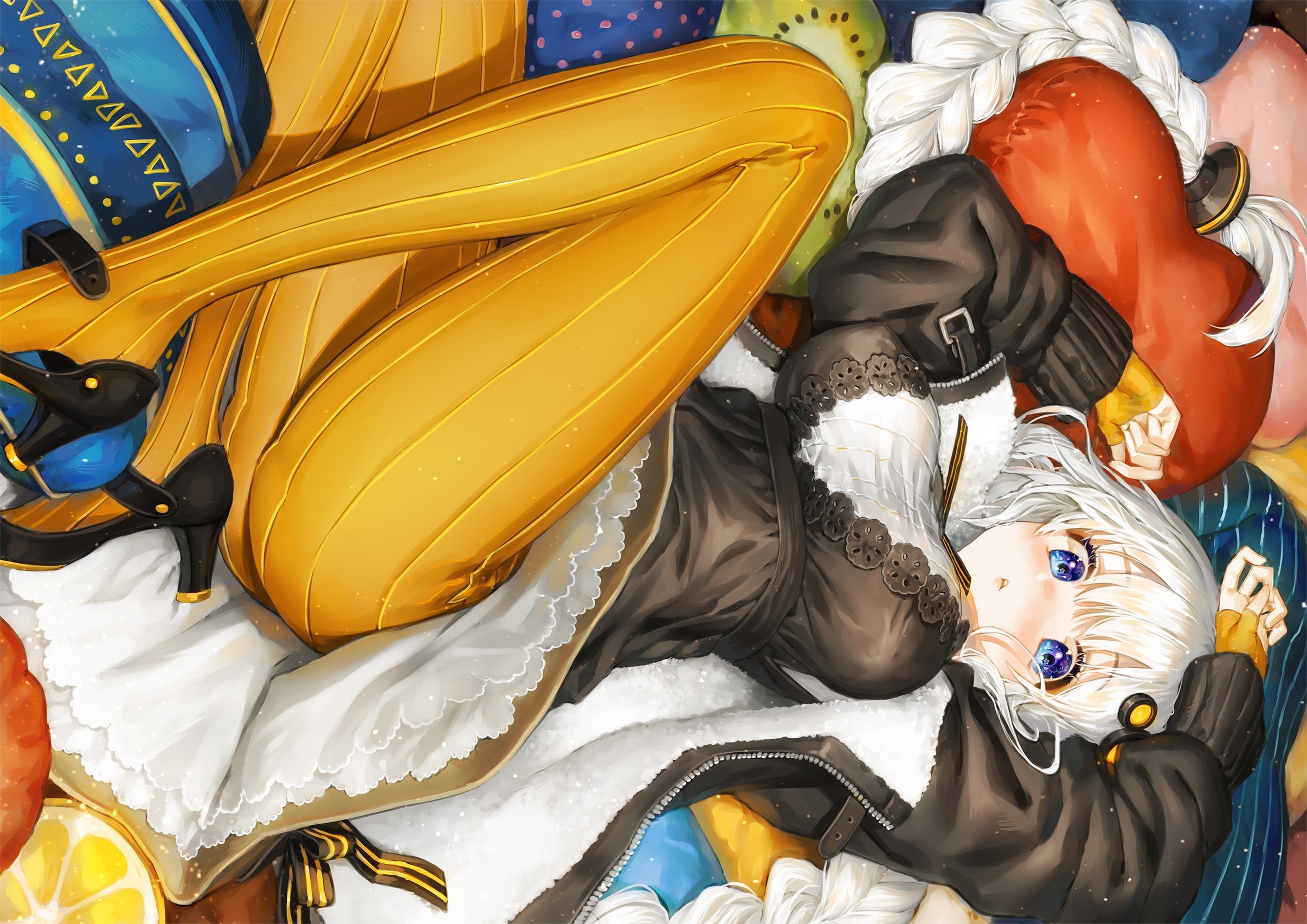 Kizuna Akari from Voiceroid lying on colorful pillows HD Wallpaper