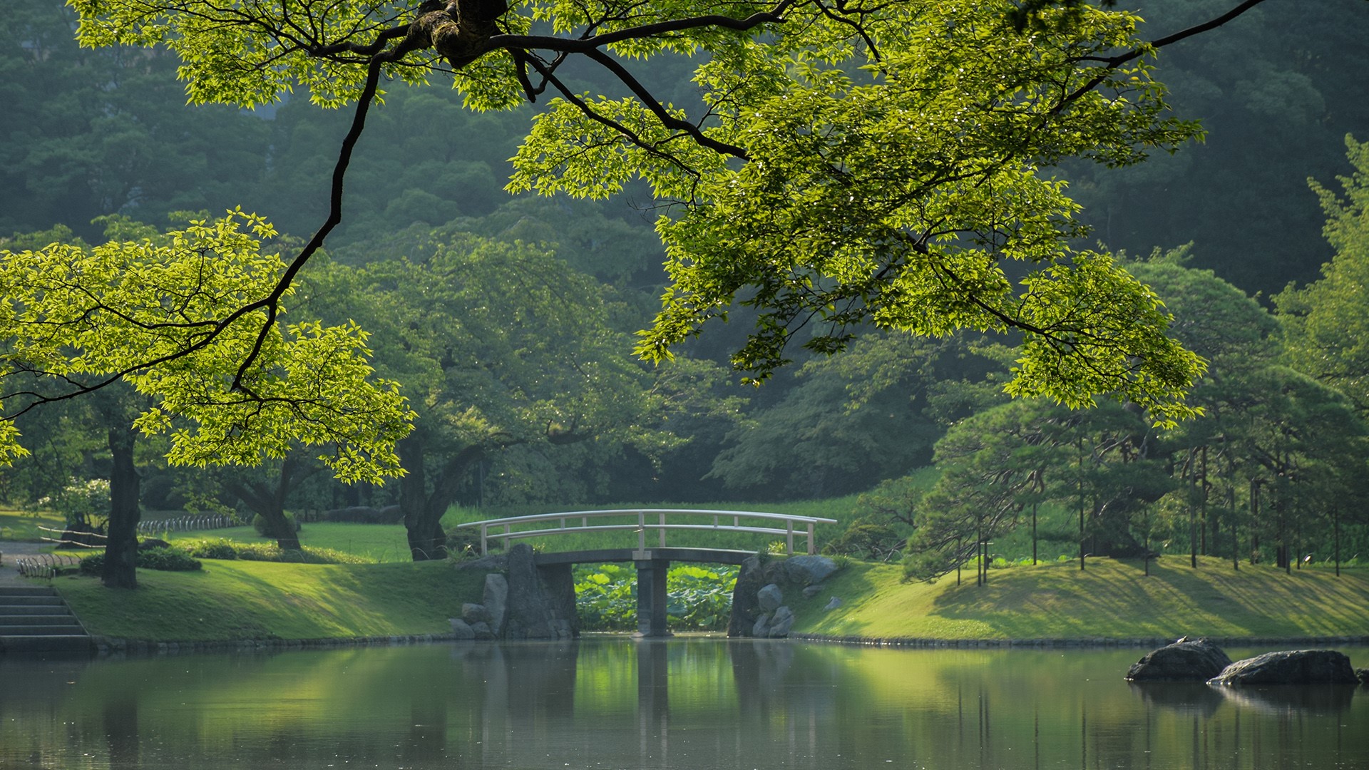 Japanese garden with a bridge over a lake HD Wallpaper