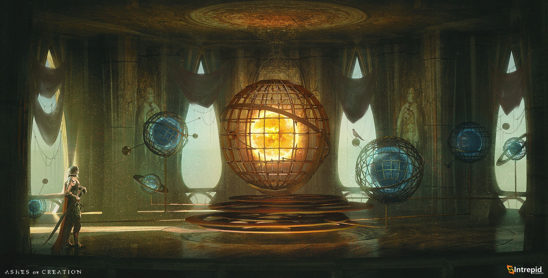 Fantasy warrior in a room with celestial globes HD Wallpaper