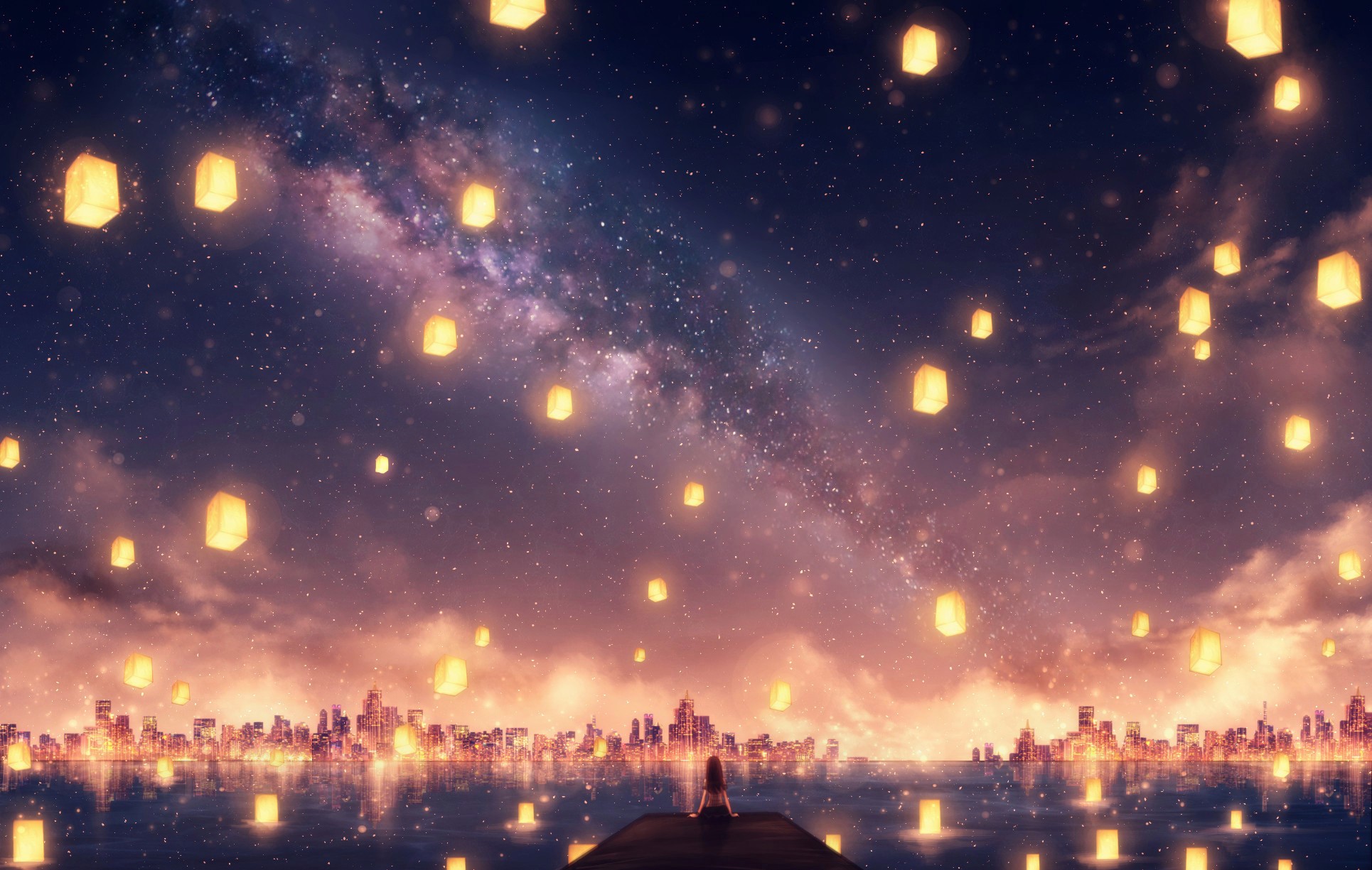 Anime girl watching lanterns over city skyline at night HD Wallpaper