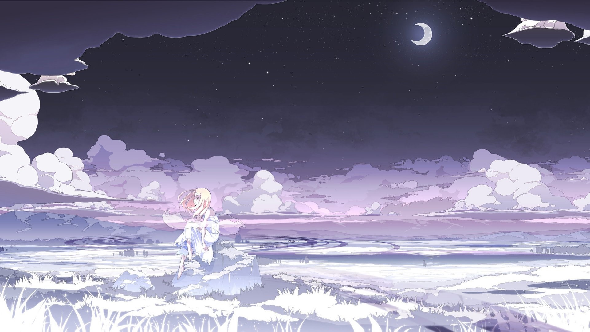 Anime girl sitting by a lake at night with a crescent moon HD Wallpaper