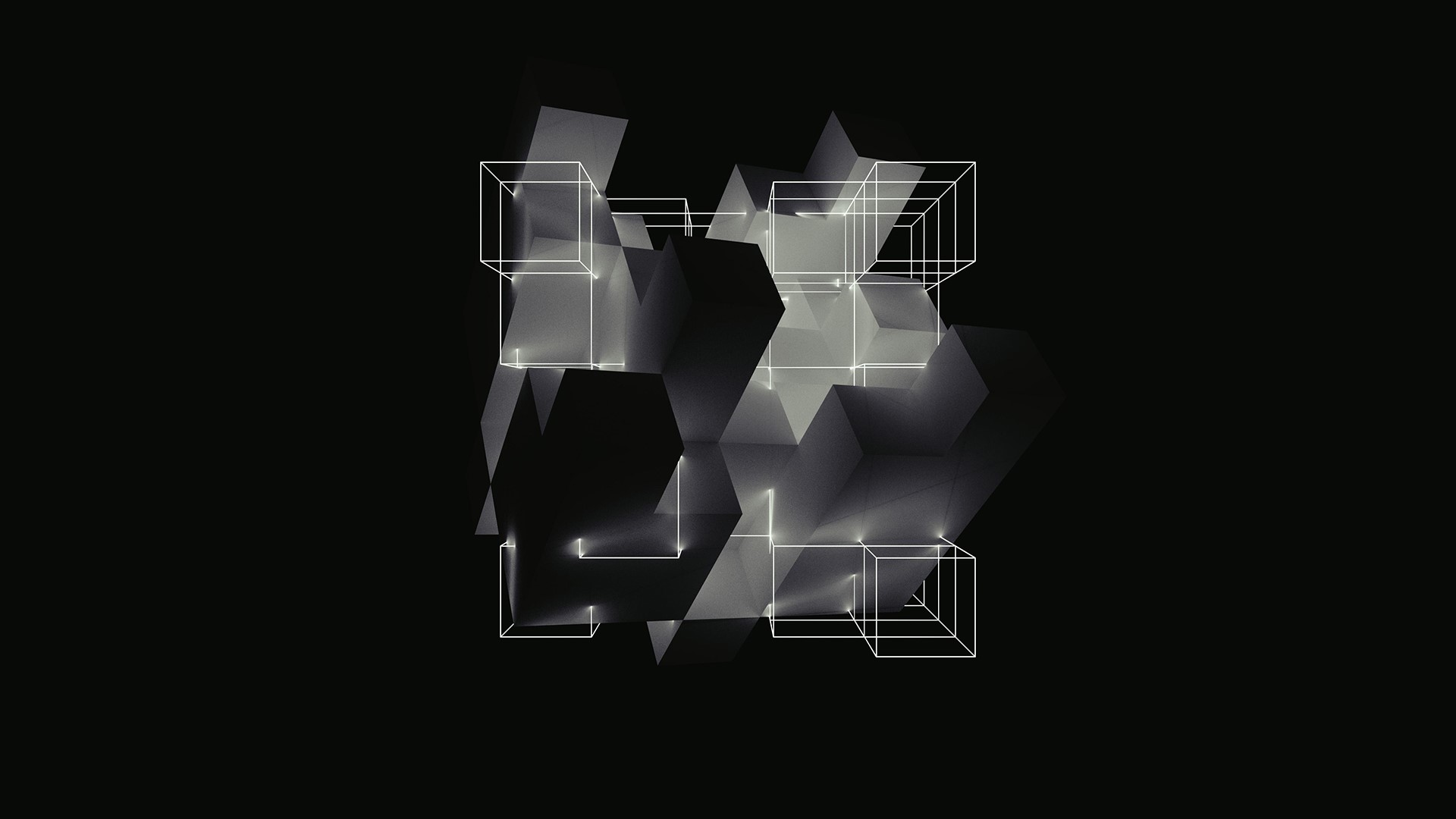 Monochrome geometric shapes with wireframe boxes HD Wallpaper