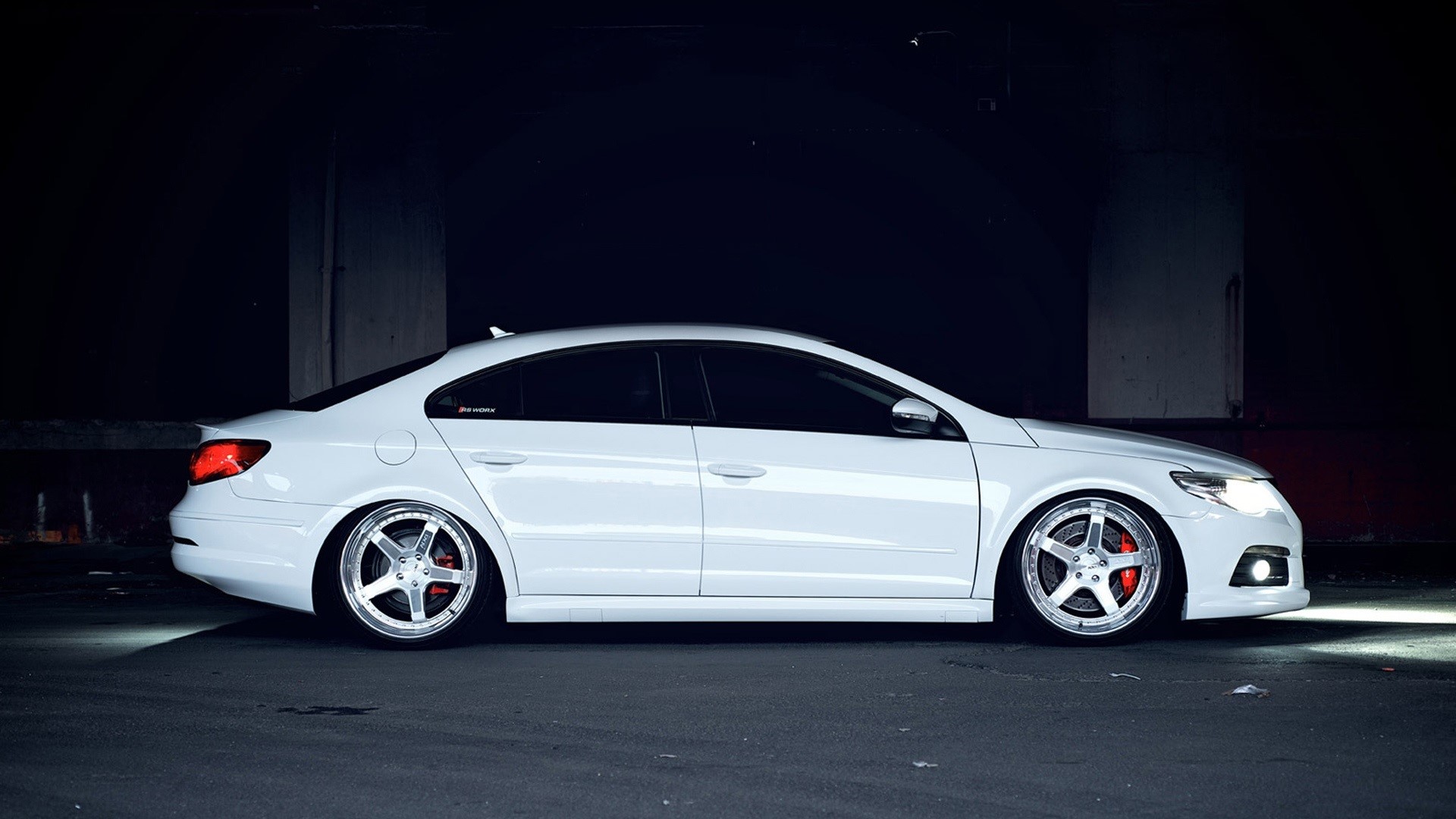White Volkswagen CC parked in a dark area HD Wallpaper