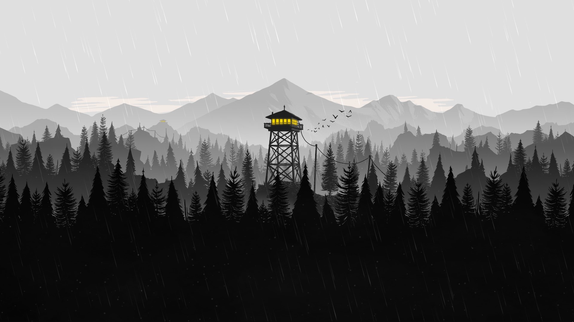 Firewatch tower in a rainy mountain forest HD Wallpaper
