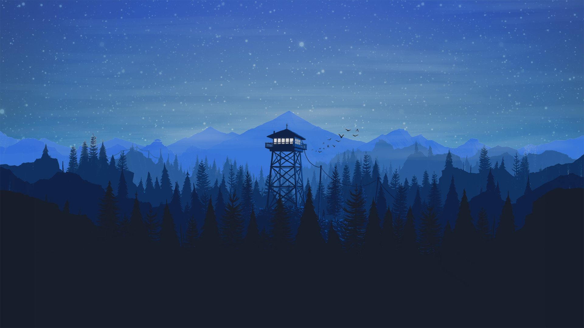Firewatch tower in a minimalist forest landscape at night HD Wallpaper