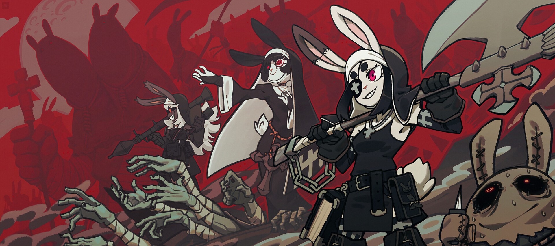 Bunny-eared nuns with weapons and zombies HD Wallpaper