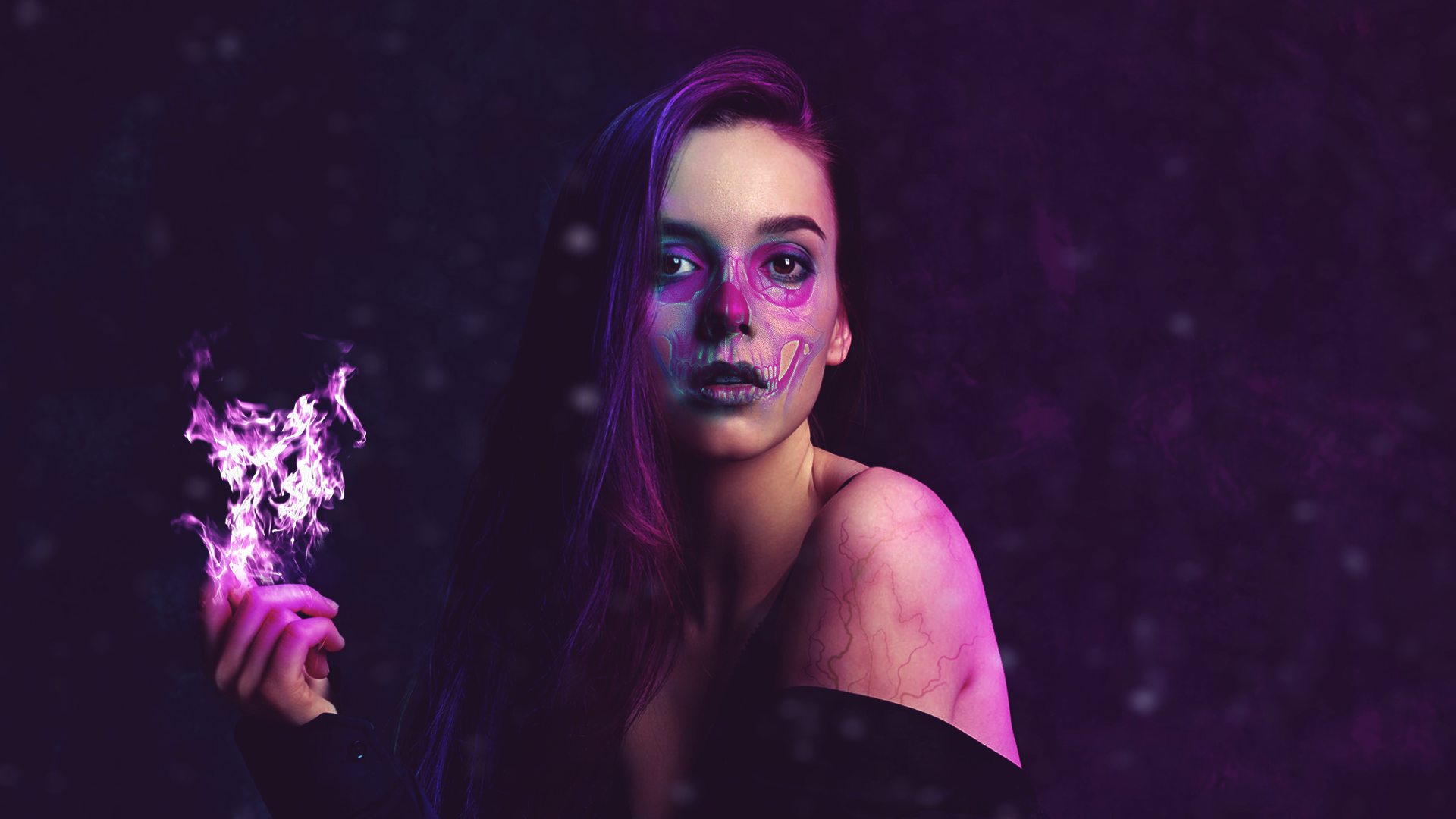 Woman with skull face paint and purple fire HD Wallpaper