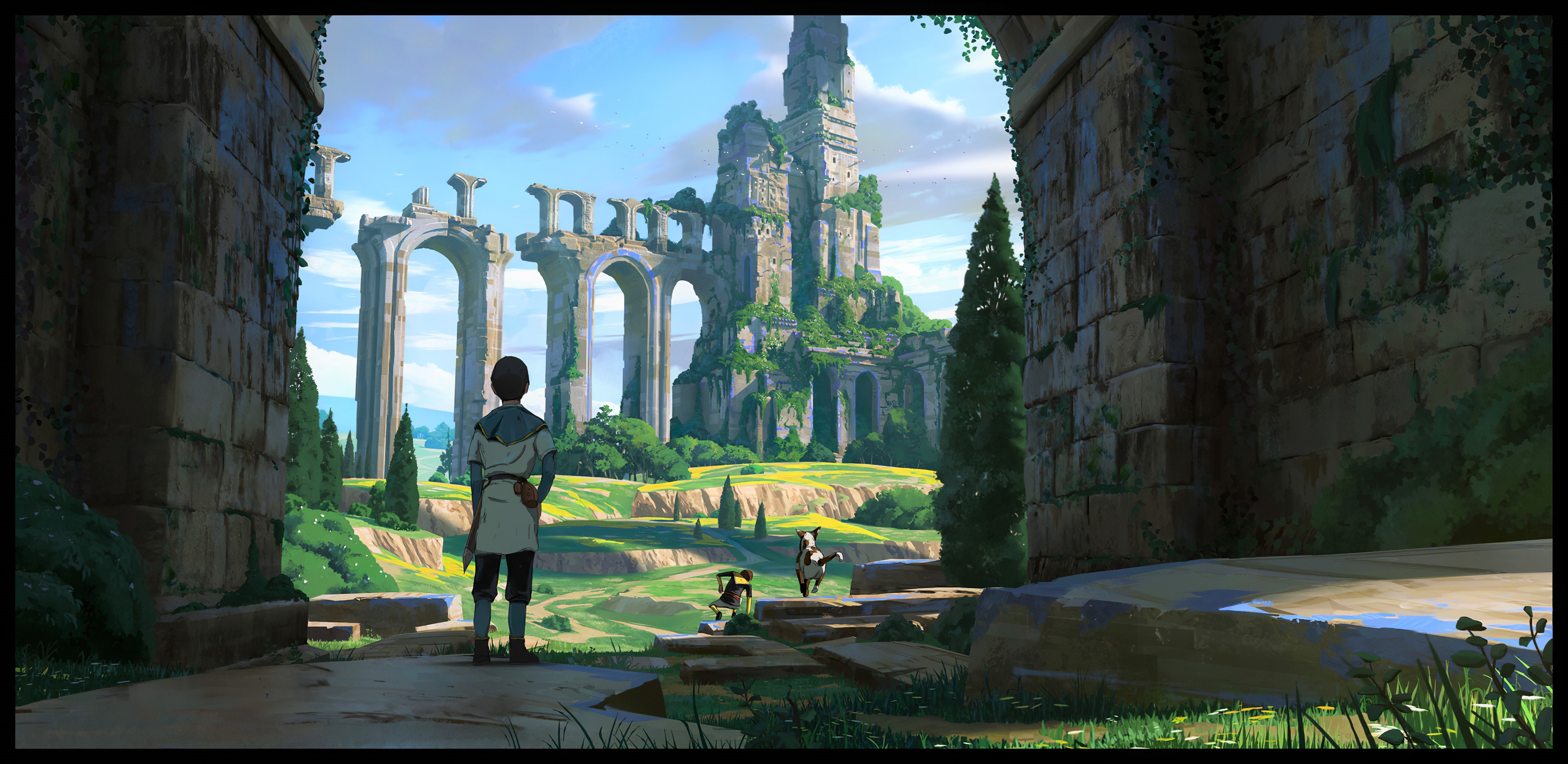 Person and dog near ancient ruins HD Wallpaper