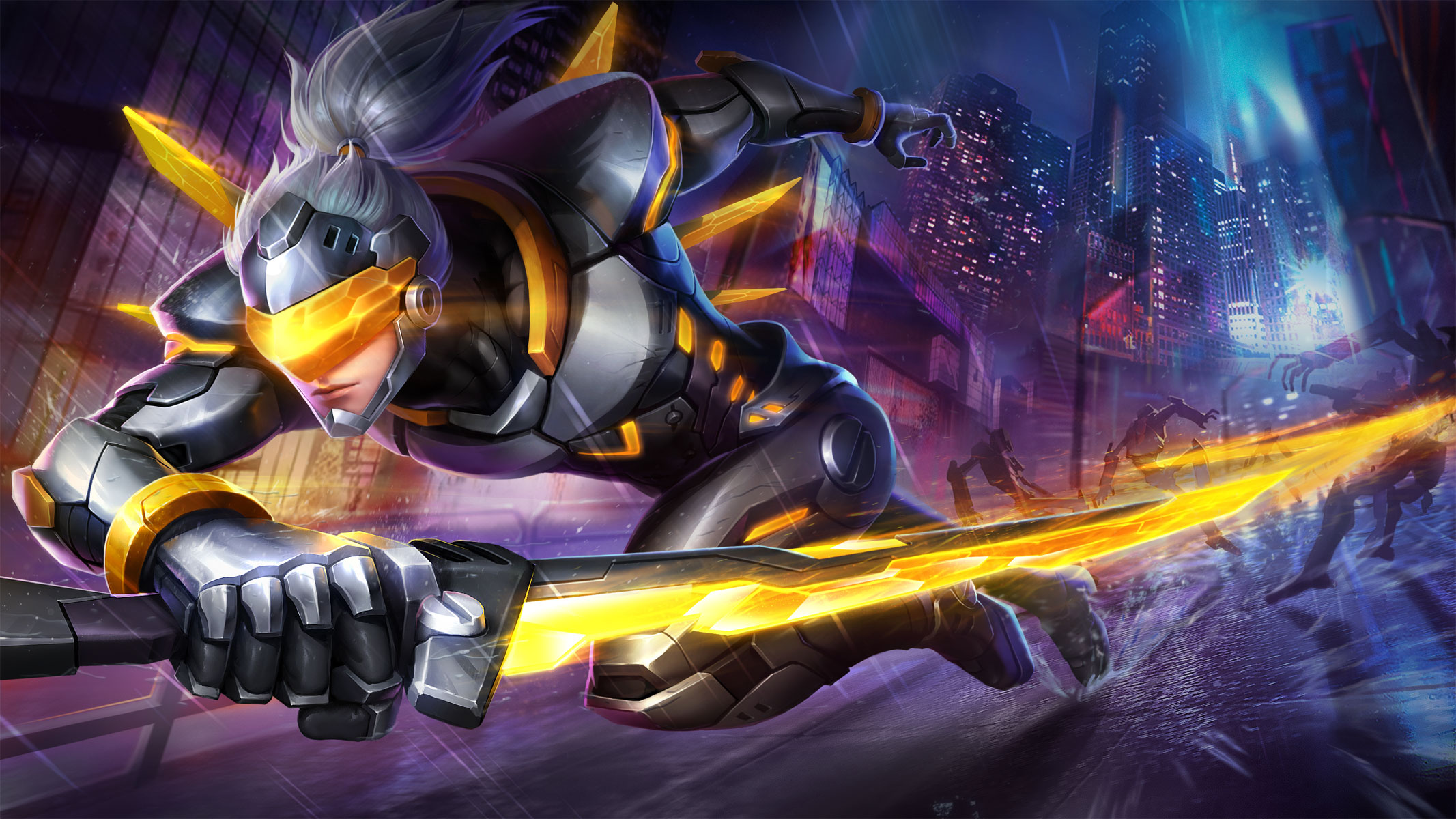 Cyberpunk warrior with glowing sword in a city HD Wallpaper