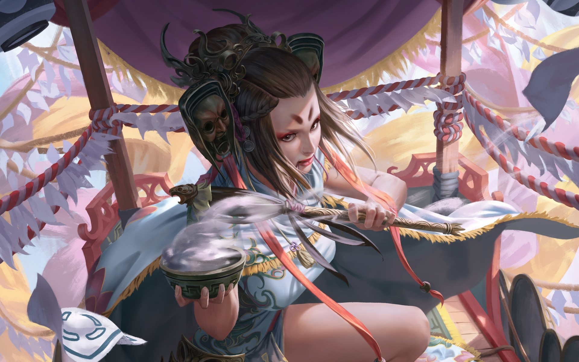 Fantasy girl with masks and a bowl HD Wallpaper