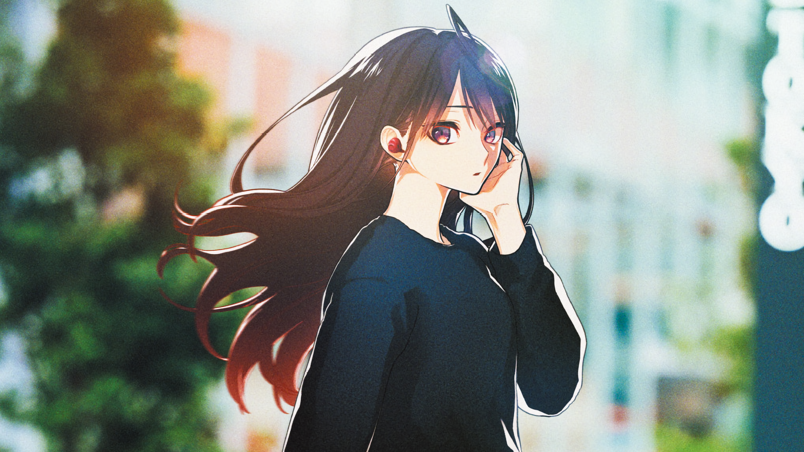 Anime girl with long dark hair listening to music HD Wallpaper