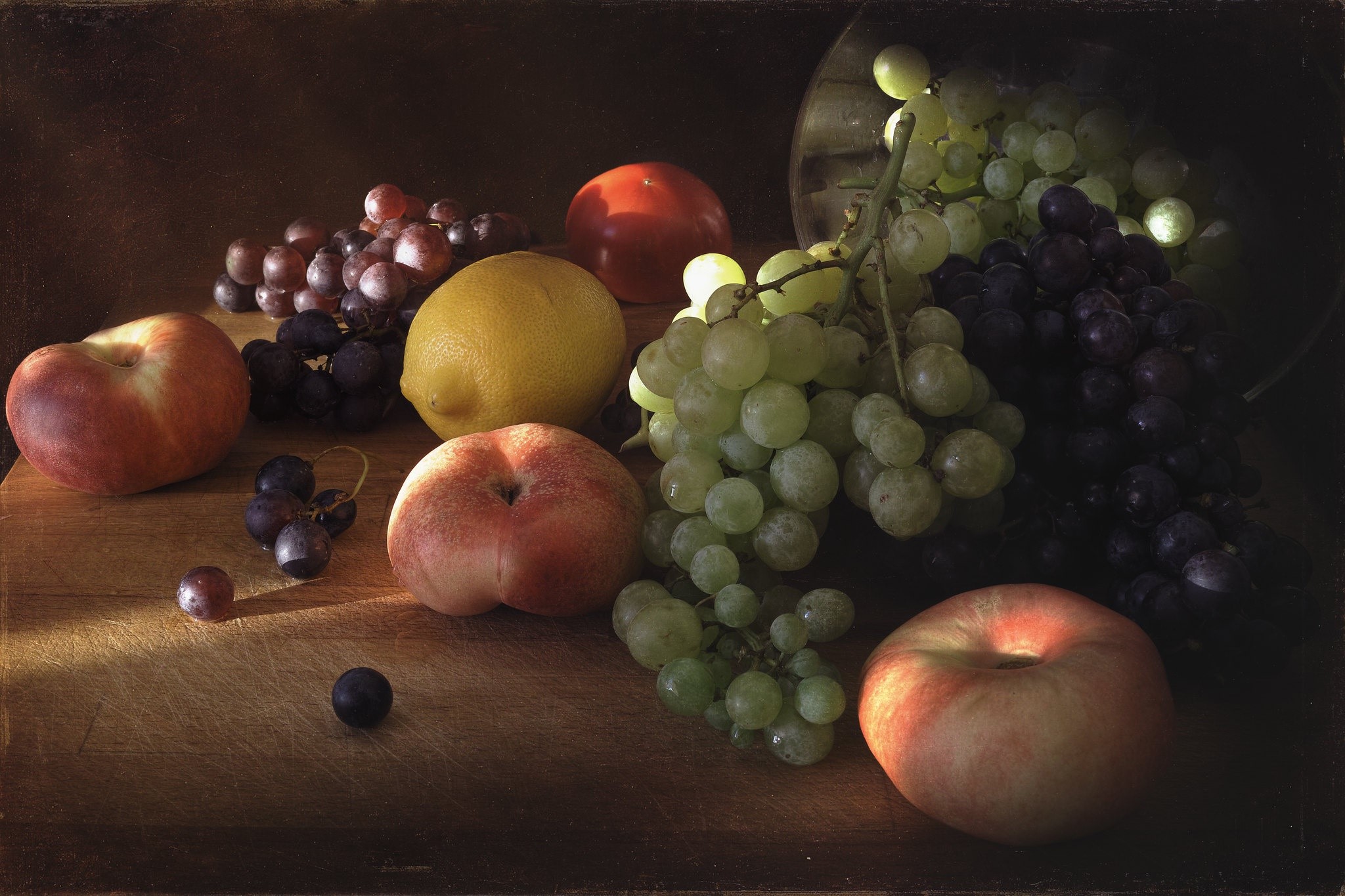 Still life with grapes, apples, peaches, lemon, and tomato HD Wallpaper