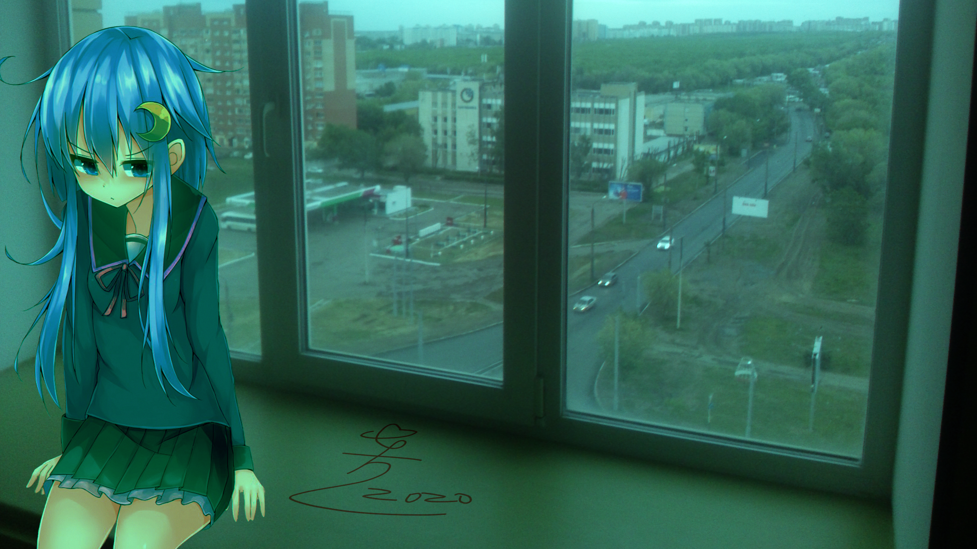 Anime girl with blue hair looking out a window HD Wallpaper