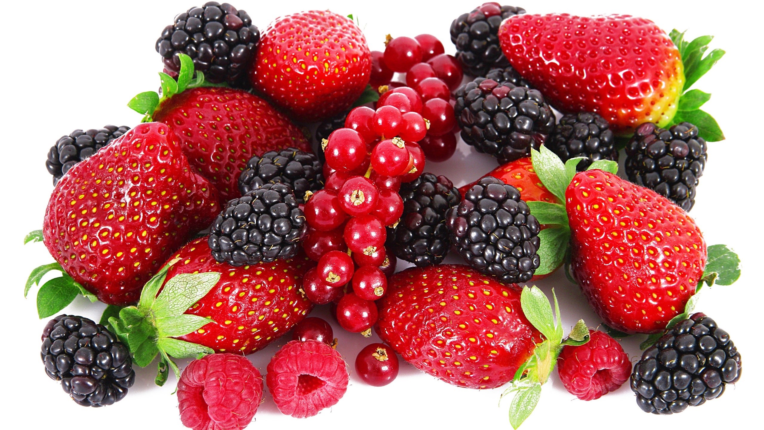Assortment of fresh berries including strawberries, blackberries, raspberries, and red currants HD Wallpaper