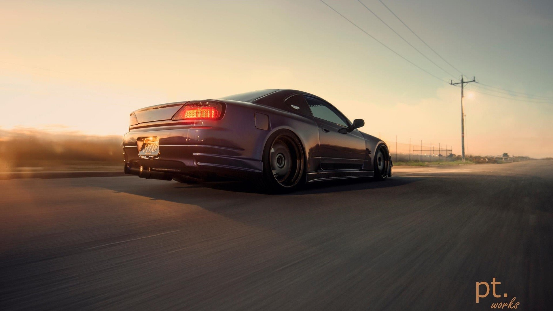 Purple Nissan Silvia S15 driving at sunset HD Wallpaper