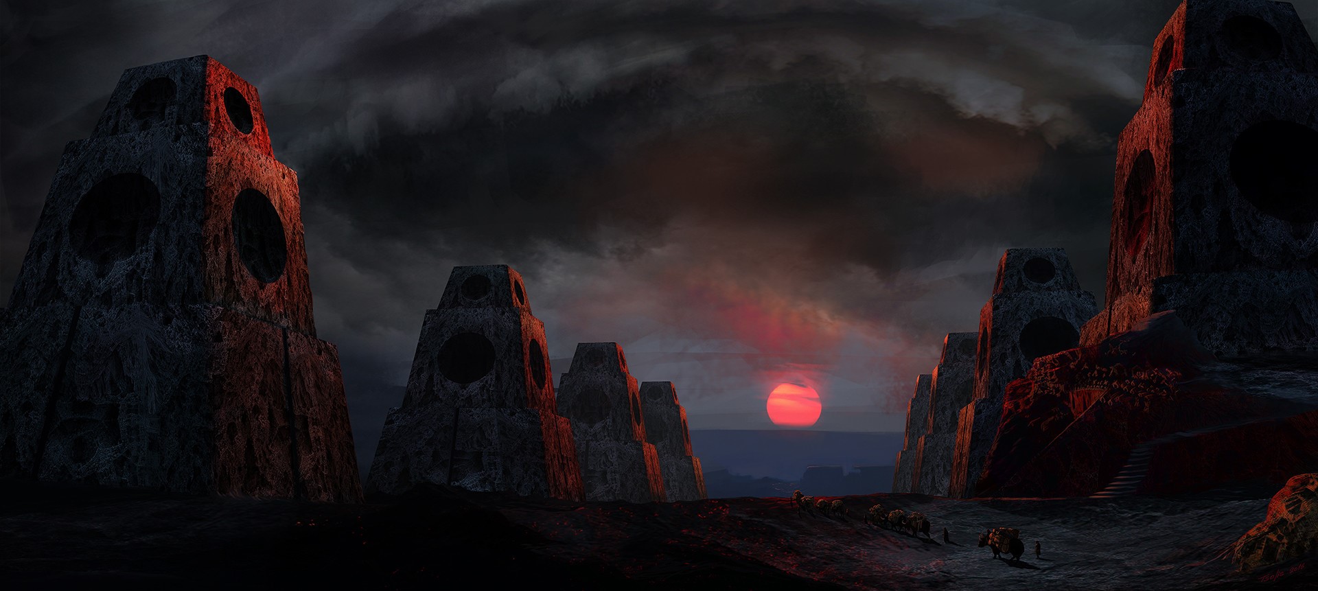 Alien landscape with monolithic structures at sunset HD Wallpaper