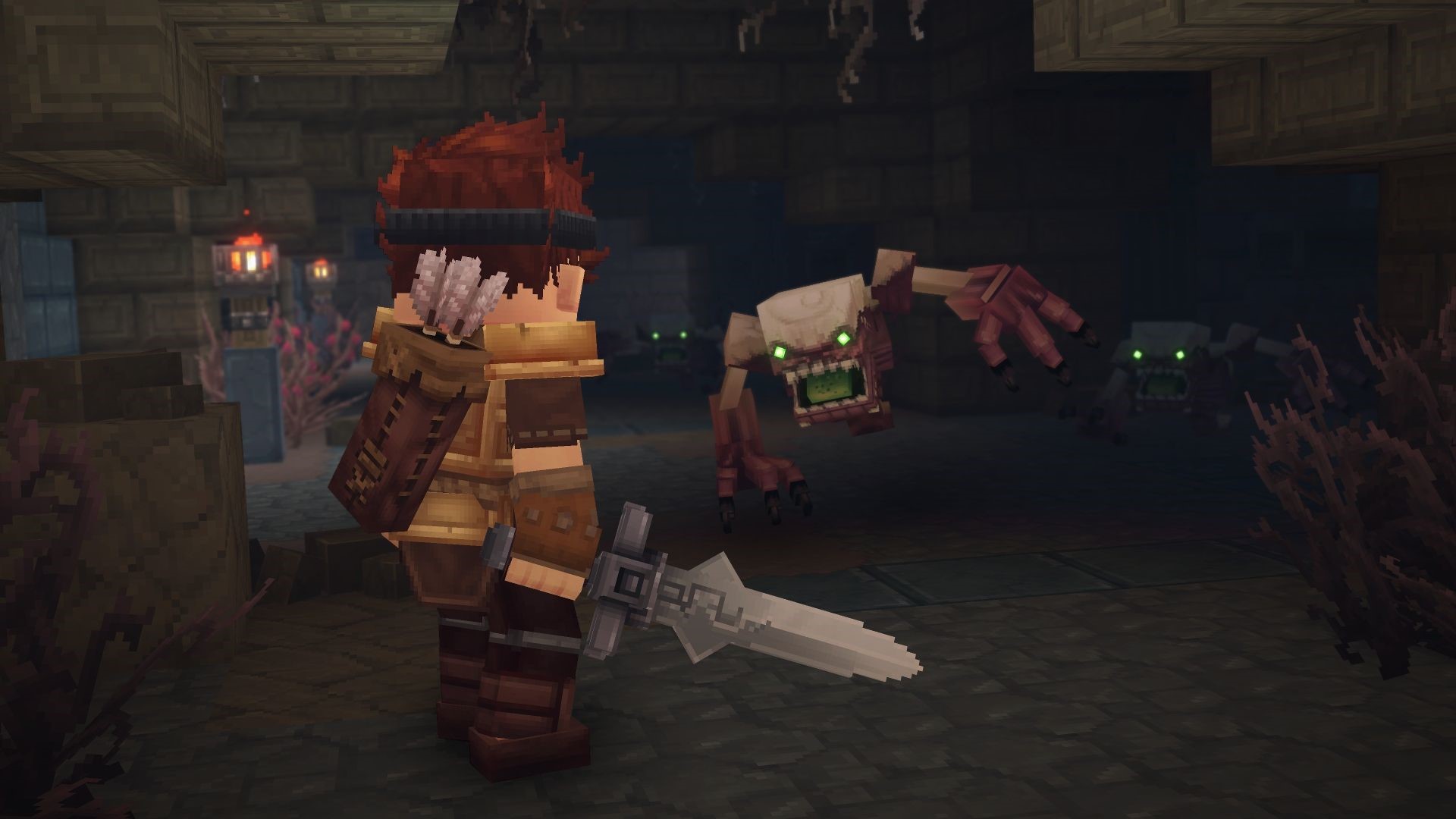 Hytale character fighting monsters in a dungeon HD Wallpaper