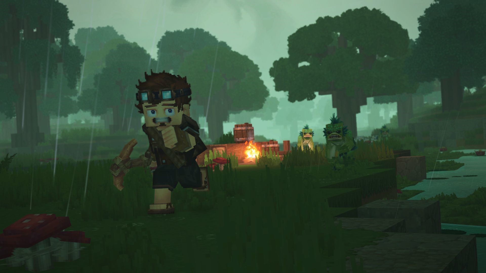 Character from Hytale running in a rainy forest HD Wallpaper