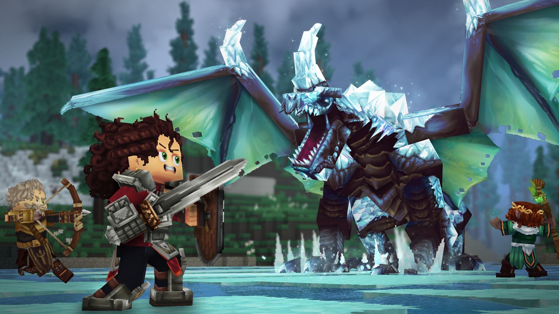 Hytale screenshot: adventurers battle an ice dragon HD Wallpaper