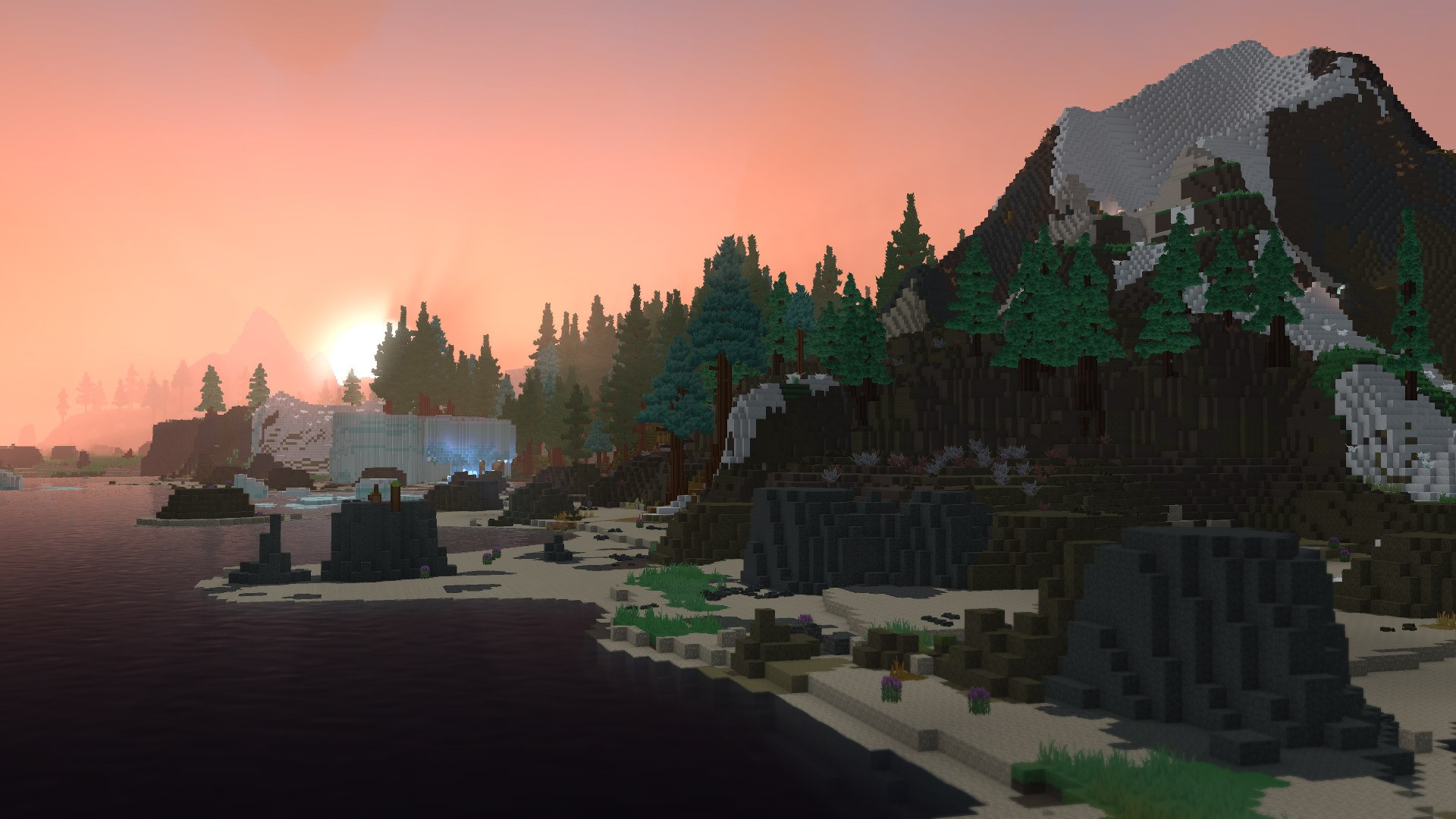 Hytale screenshot of a voxel landscape at sunset HD Wallpaper