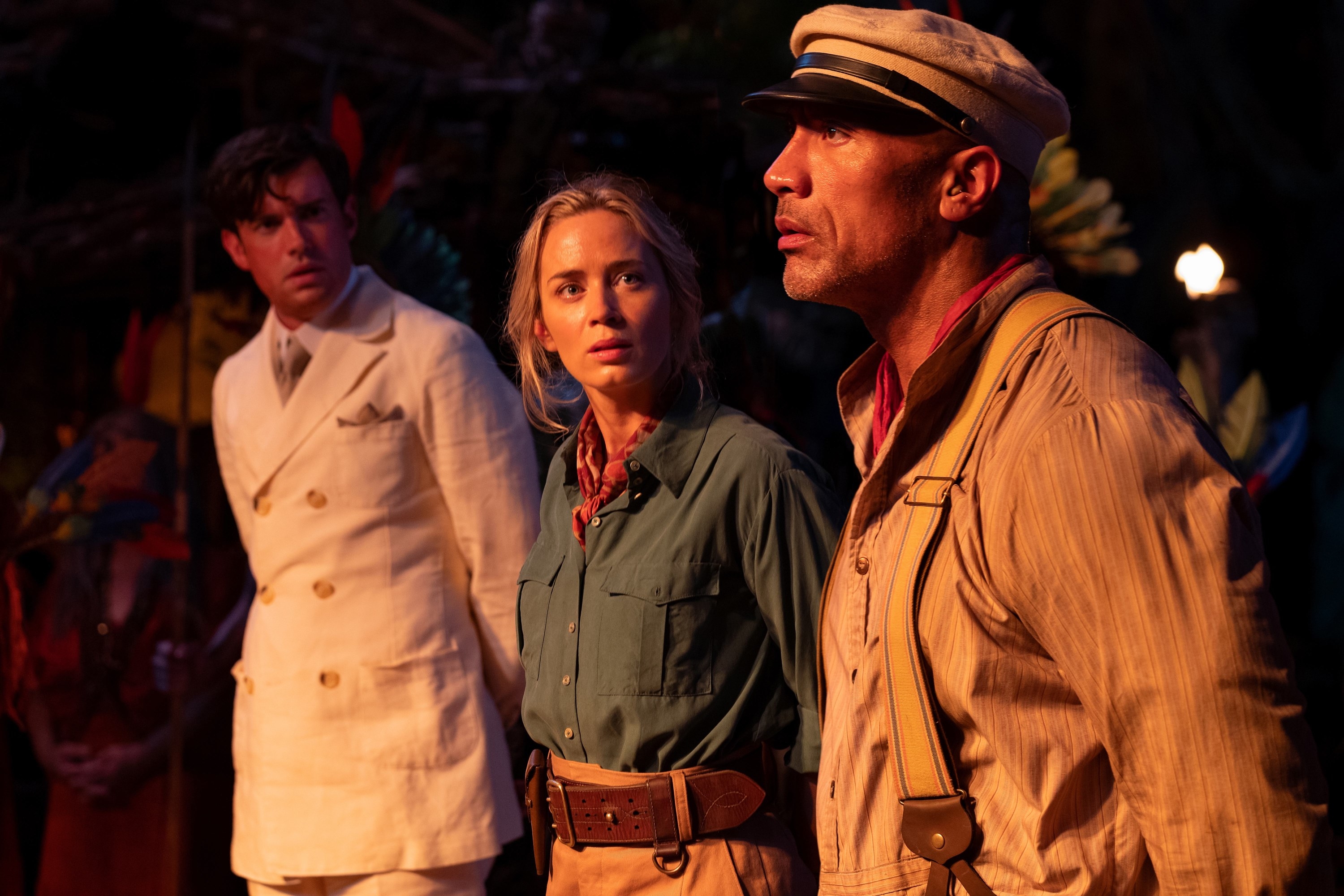 Dwayne Johnson, Jack Whitehall, and Emily Blunt in Jungle Cruise HD Wallpaper