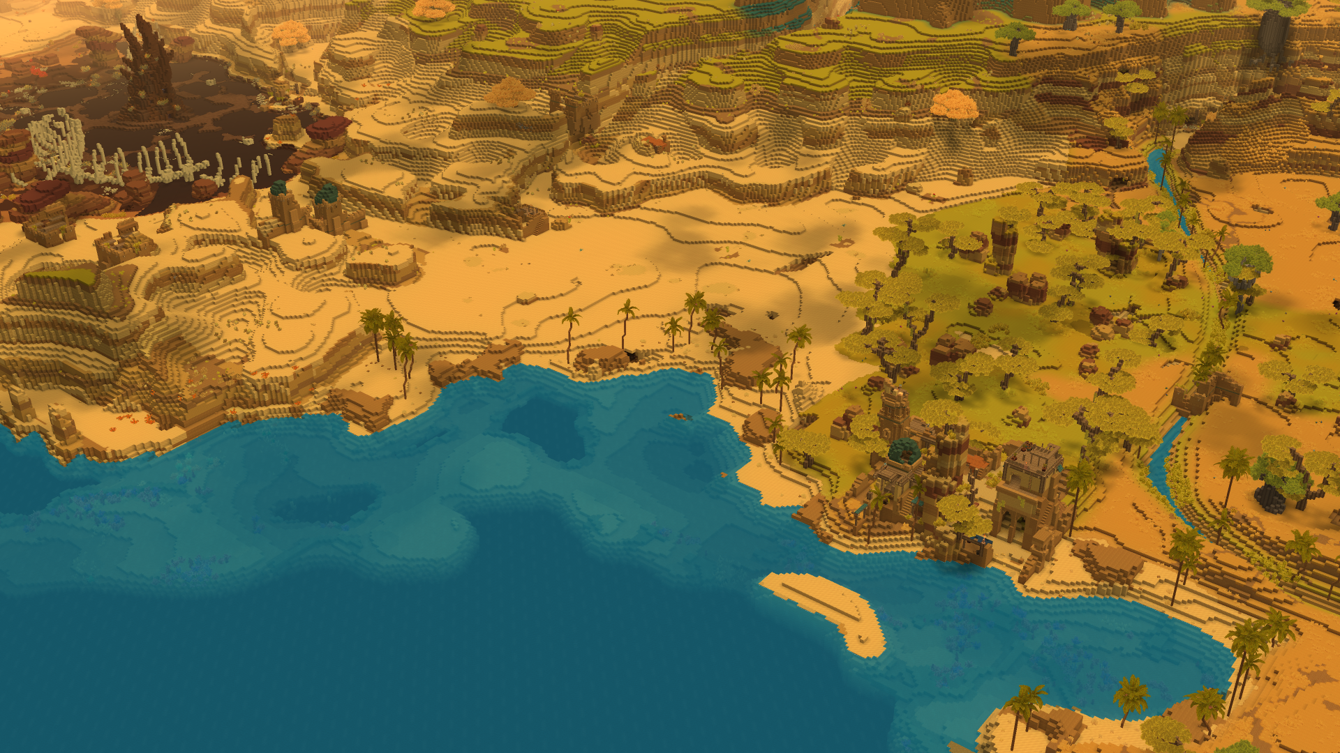Voxel landscape with desert, ocean, and ruins HD Wallpaper