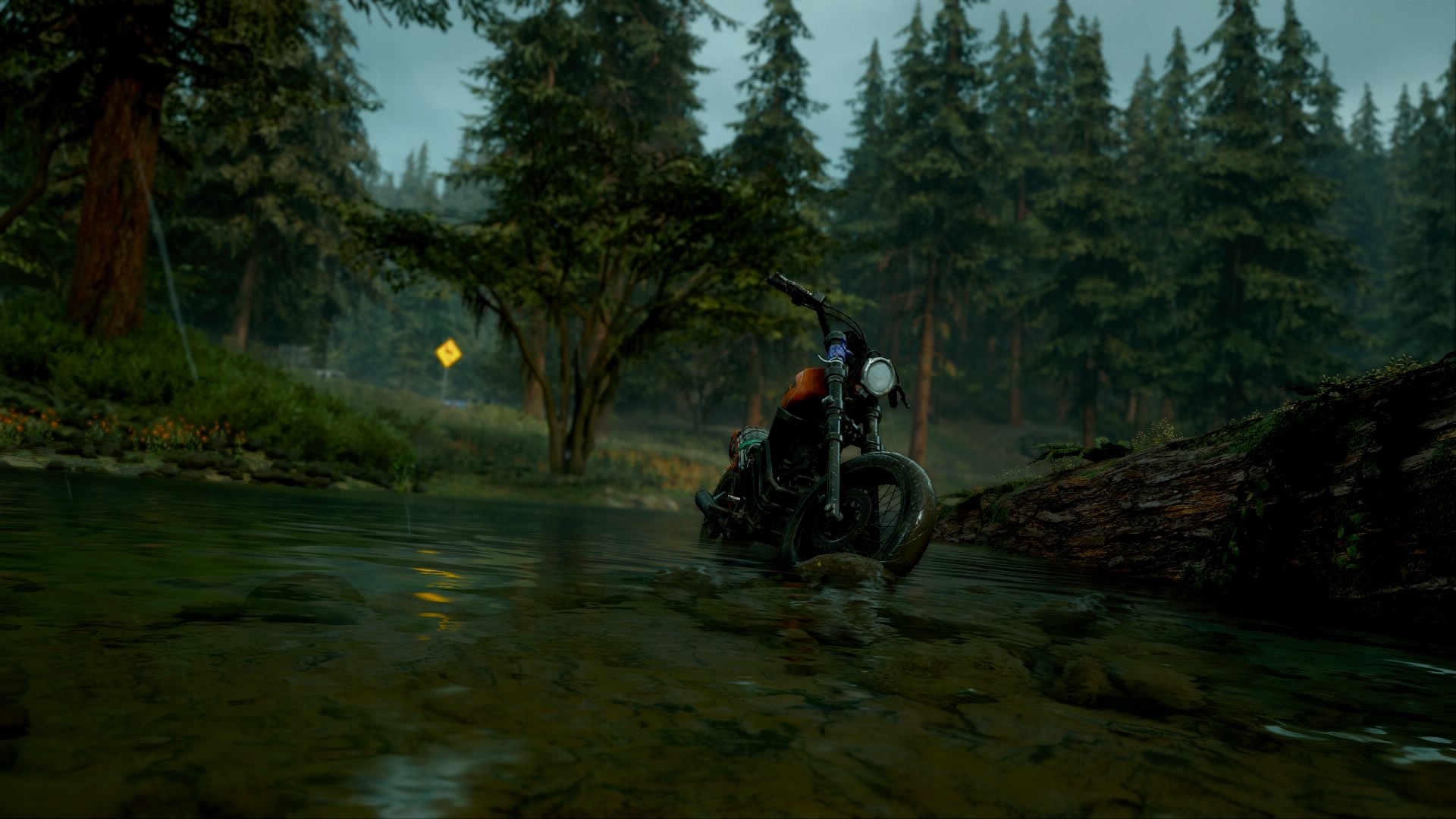 Motorcycle in a stream in Days Gone HD Wallpaper